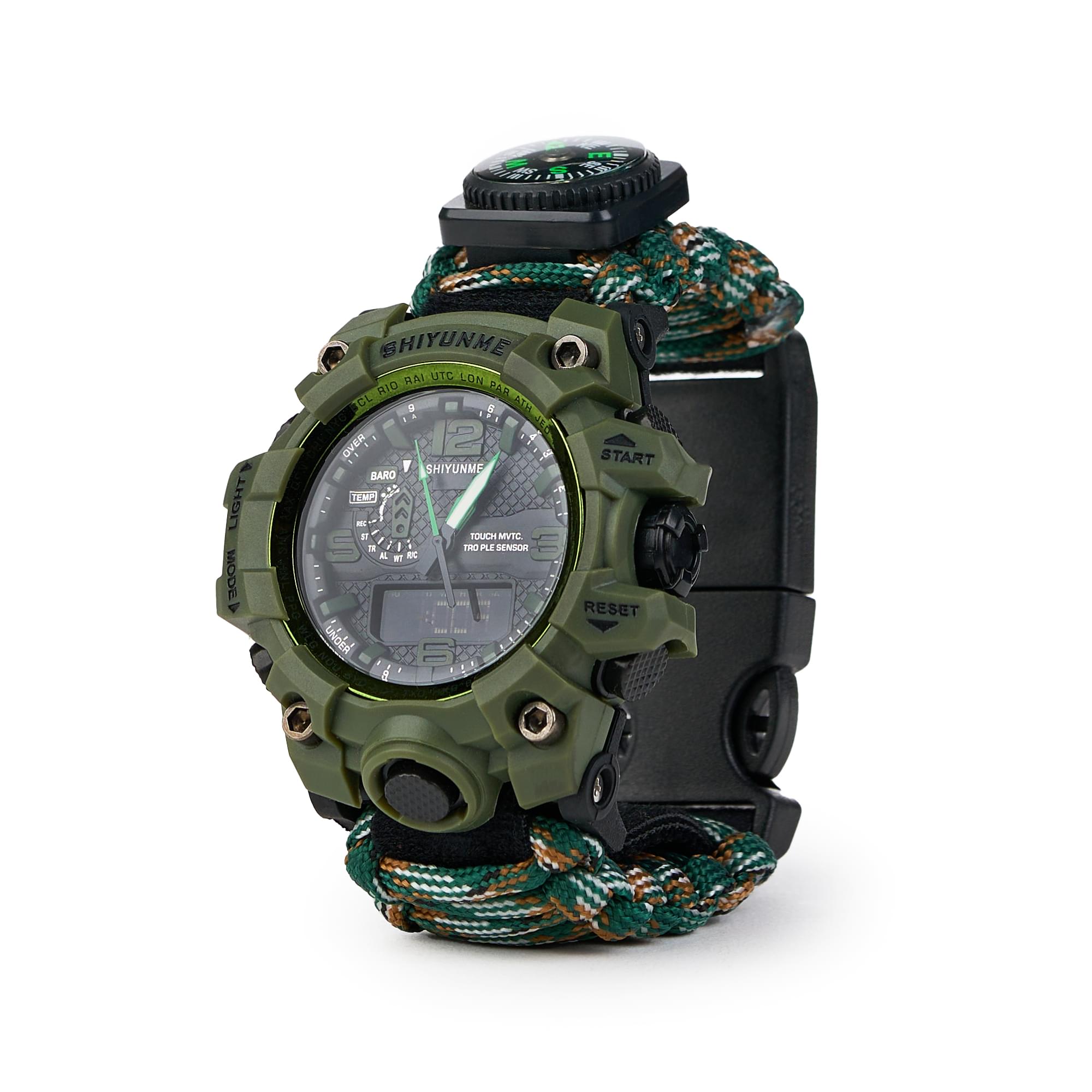 Ceas tactic supravietuire multifunctional, dual time, analogic si digital, cordelina, cremene, fierastrau, busola, onuvio® - wood camo