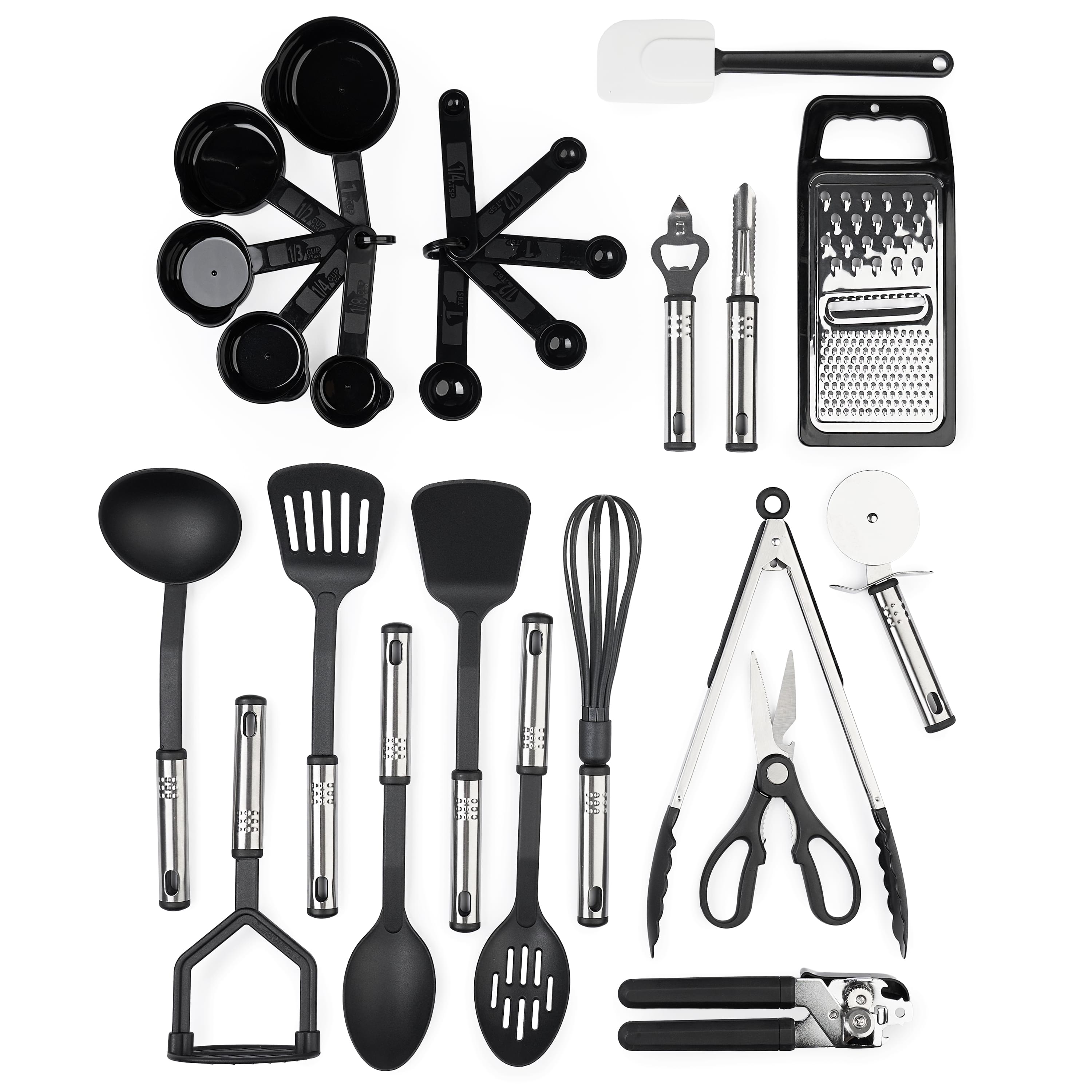 Set Ustensile Bucatarie din Nylon Rezistent la Caldura, 25 Piese, Antiaderente, cu Suport – Spatule, Linguri, Polonic, Cleste, Tel, Razatoare, Cani si Linguri de Masurare – Onuvio®