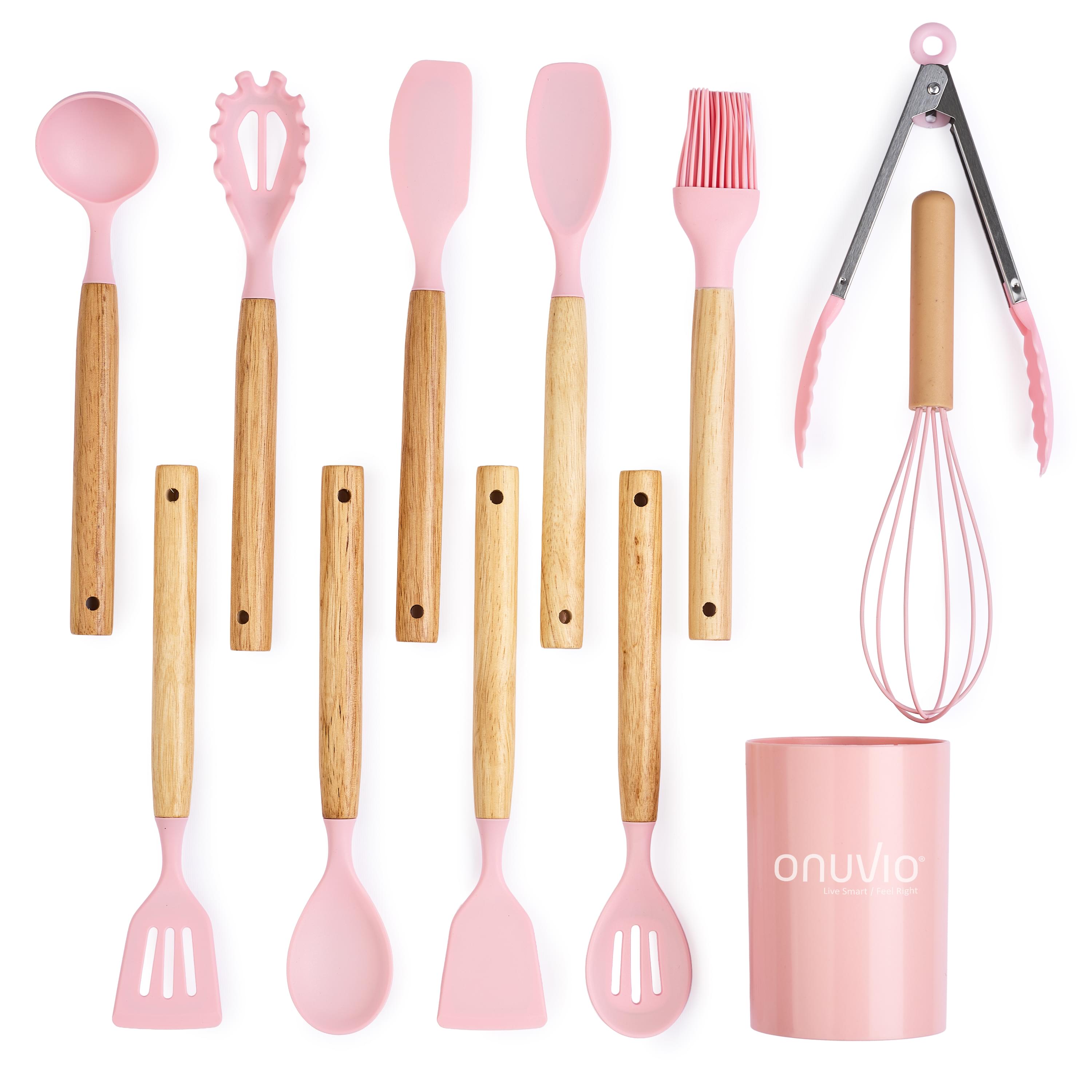 Set ustensile bucatarie 12 piese, marime mica xs 500g, lemn si silicon alimentar, termorezistente, antiaderente, suport blat, onuvio® daria mini - roz