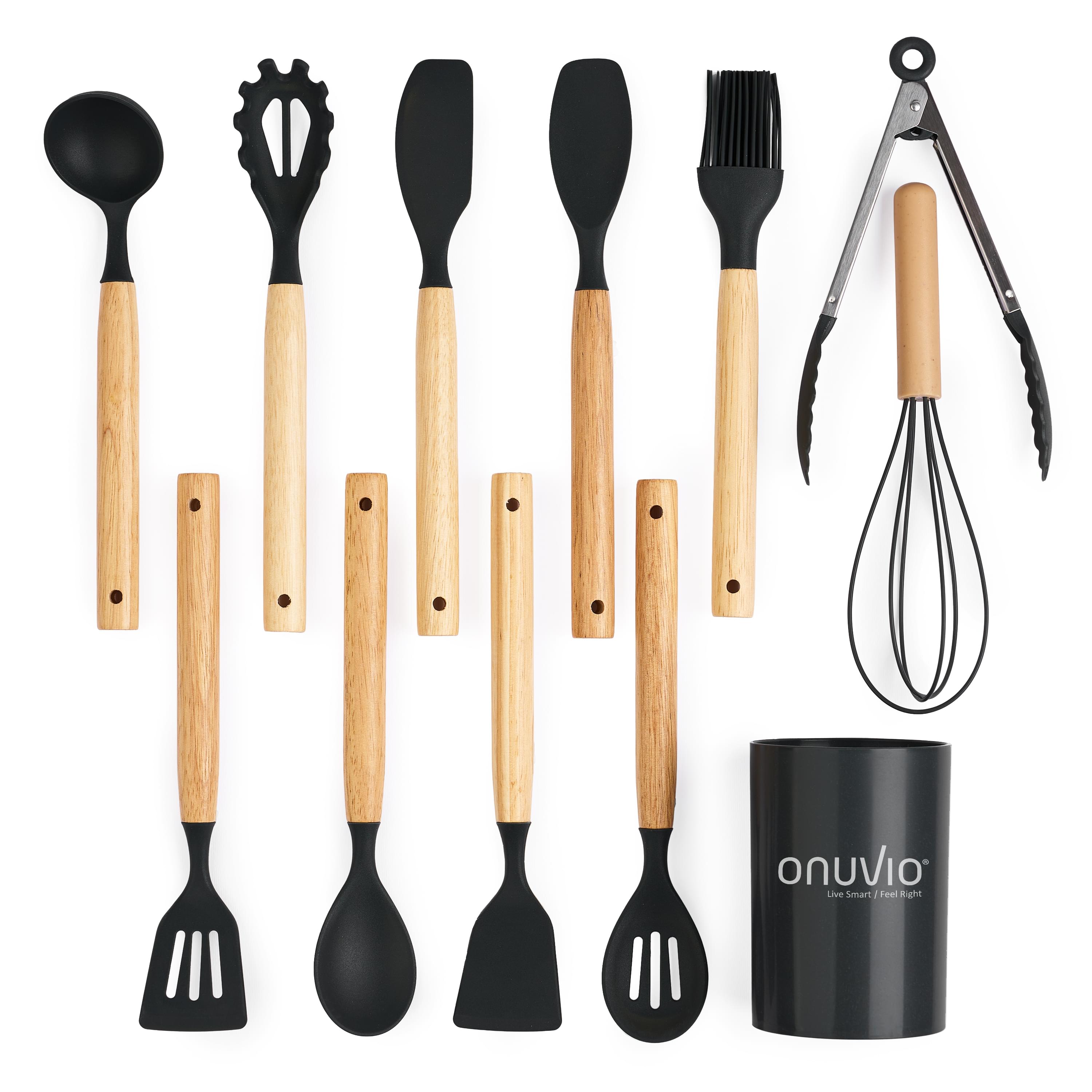 Set ustensile bucatarie 12 piese, marime mica xs 500g, lemn si silicon alimentar, termorezistente, antiaderente, suport blat, onuvio® daria mini - negru
