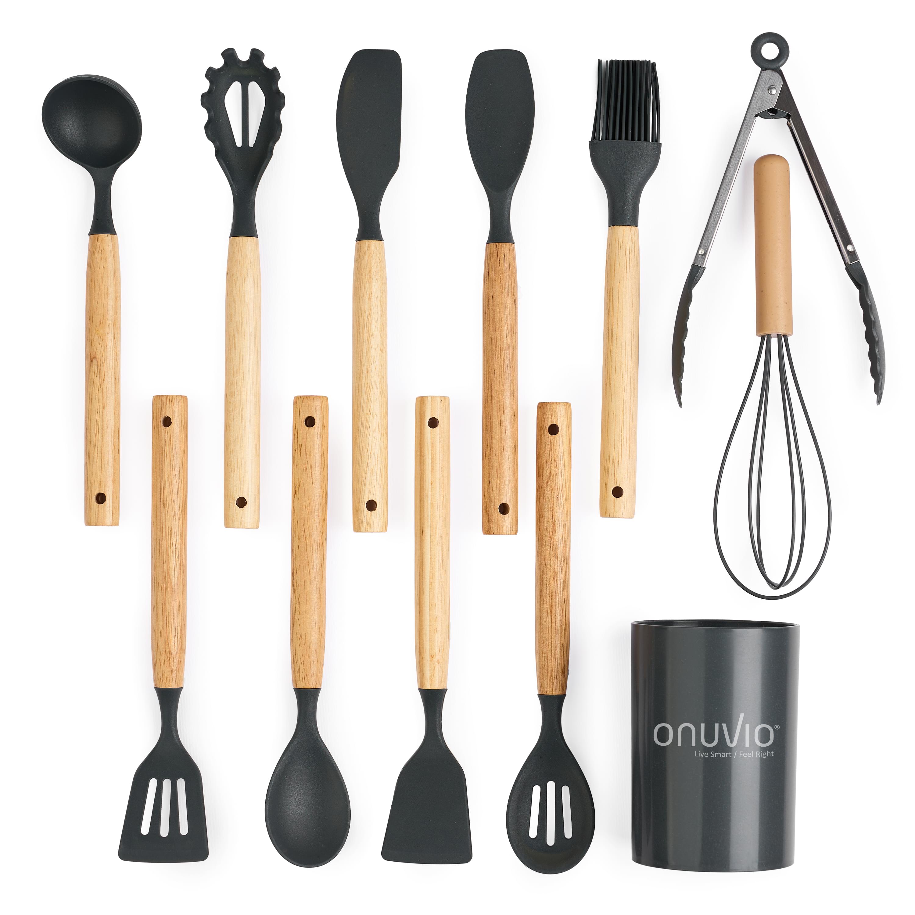 Set ustensile bucatarie 12 piese, marime mica xs 500g, lemn si silicon alimentar, termorezistente, antiaderente, suport blat, onuvio® daria mini - gri