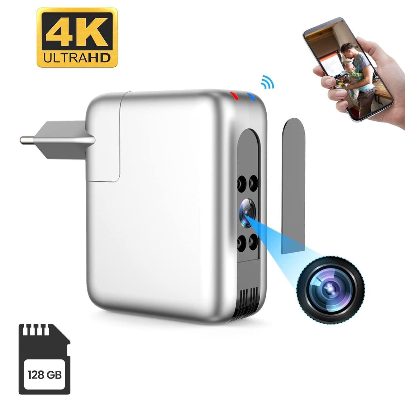 Mini camera incarcator 4k b22 cu wifi, night vision ir, detectare miscare, unghi 166°, suport microsd 128gb, onuvio® - 128 gb