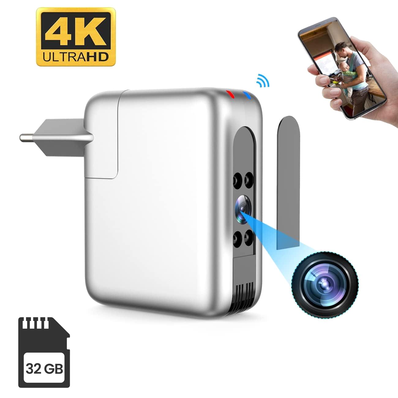Mini camera incarcator 4k b22 cu wifi, night vision ir, detectare miscare, unghi 166°, suport microsd 128gb, onuvio® - 32 gb