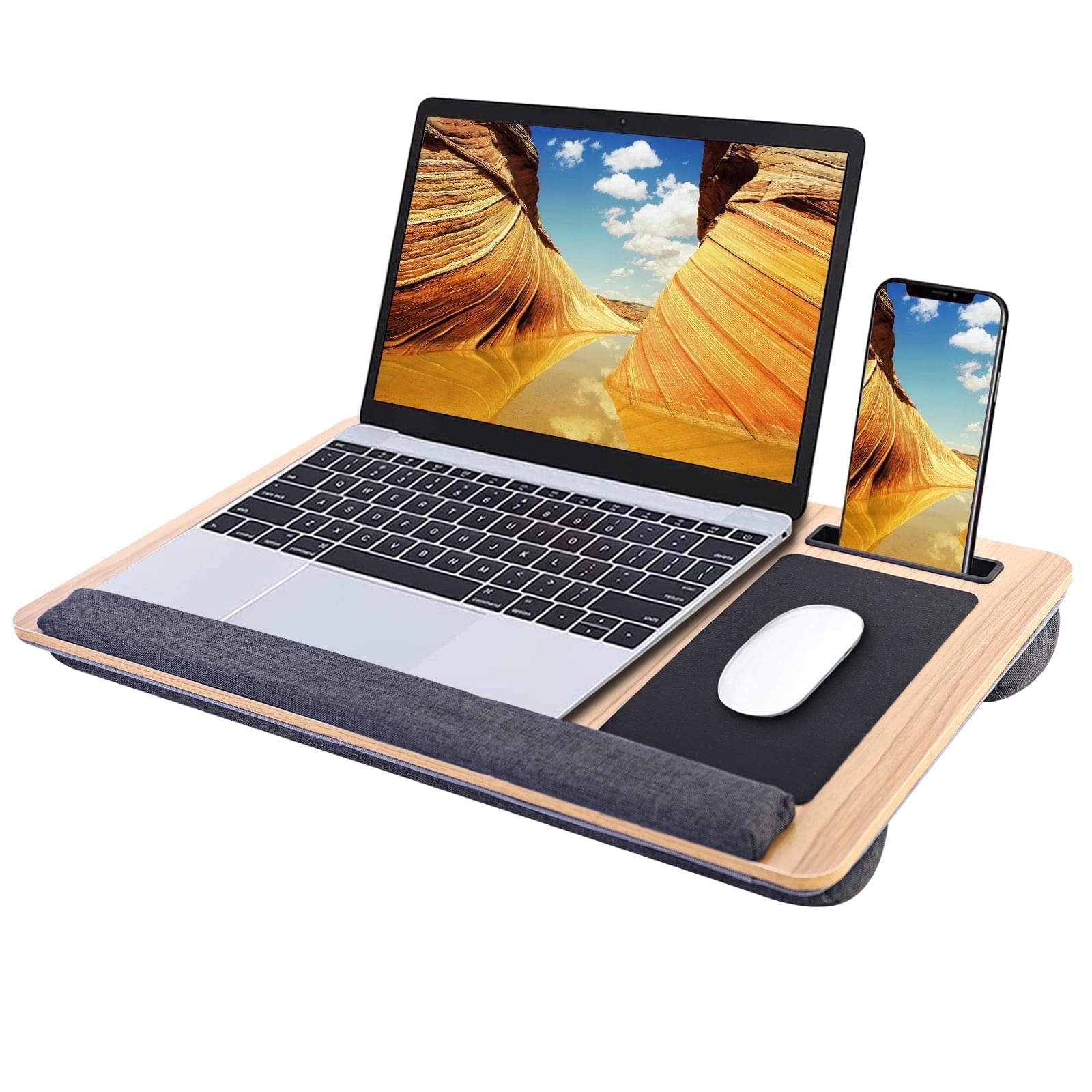 Masuta laptop pentru poala onuvio® tip bed desk / lazy table 55x34 cm, cu suport mouse si suport antebrat cu perne duble de aerisire, pentru laptopuri pana la 17 inch - maro
