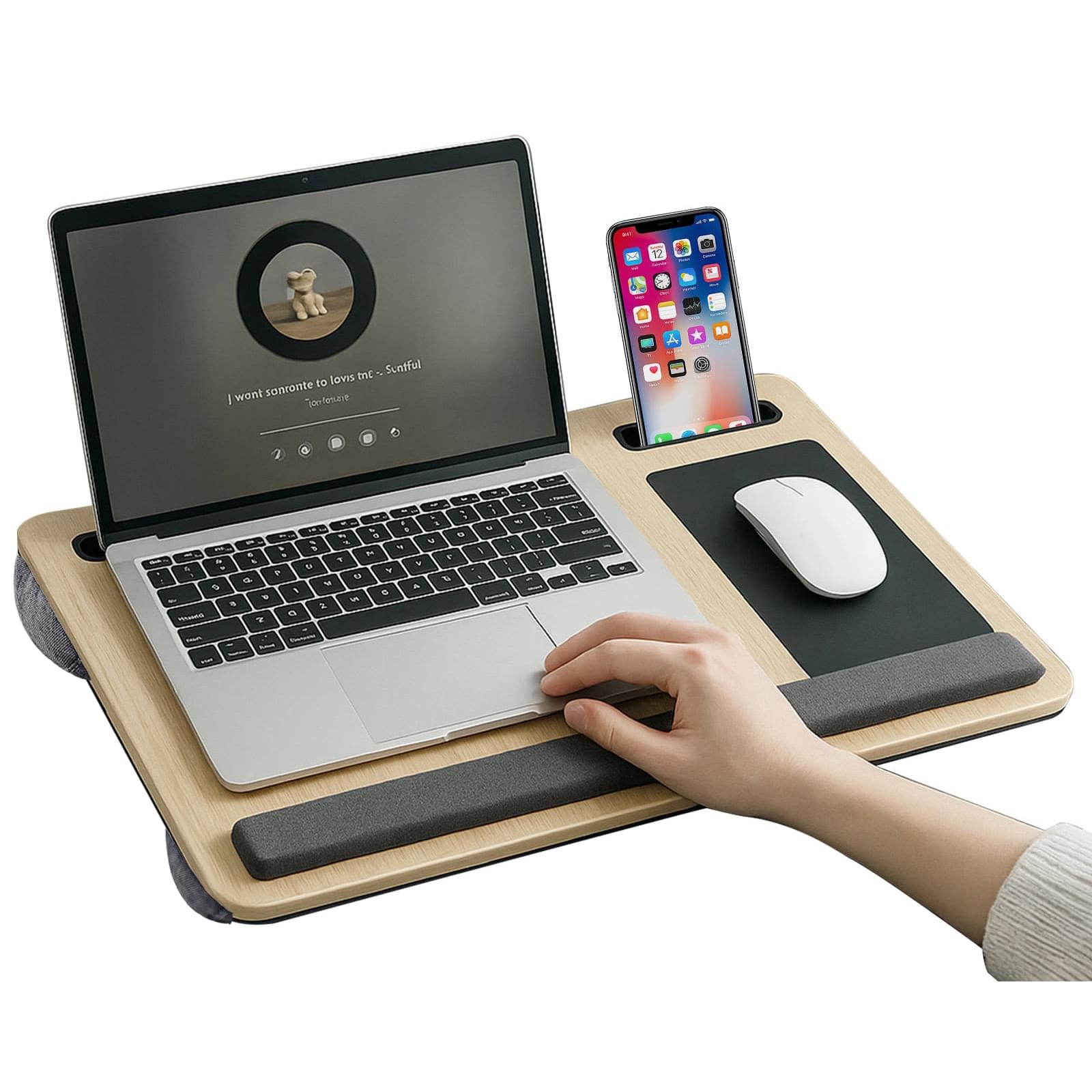 Masuta laptop pentru poala onuvio® tip bed desk / lazy table 55x34 cm, cu suport mouse si suport antebrat cu perne duble de aerisire, pentru laptopuri pana la 17 inch - alb