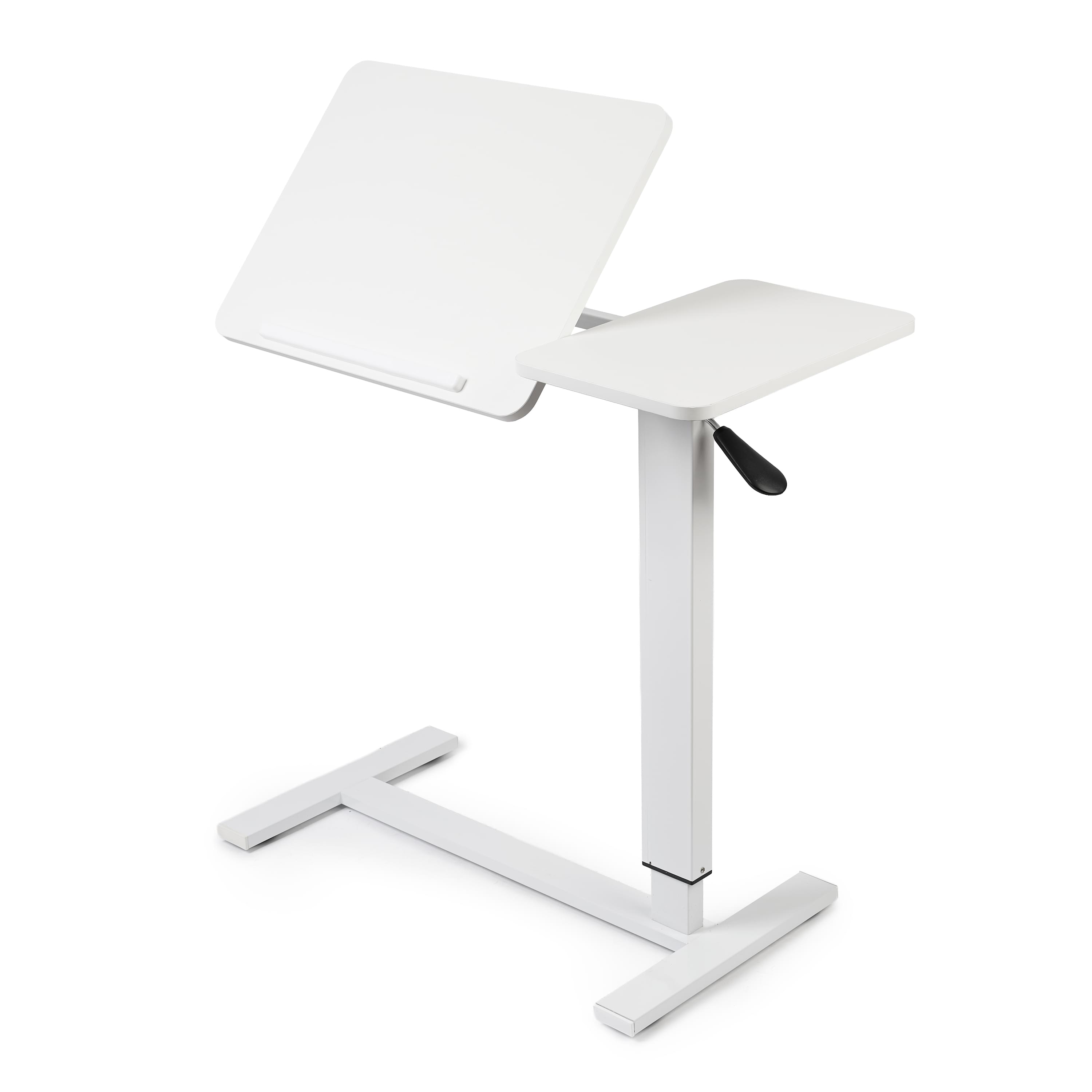 Masa reglabila pe inaltime cu lift pneumatic, blat 80x40 cm in 2 parti (inclinabil + rabatabil pentru depozitare), cu roti, 66–90 cm, baza tip „c” pentru pat/canapea, onuvio® - alb
