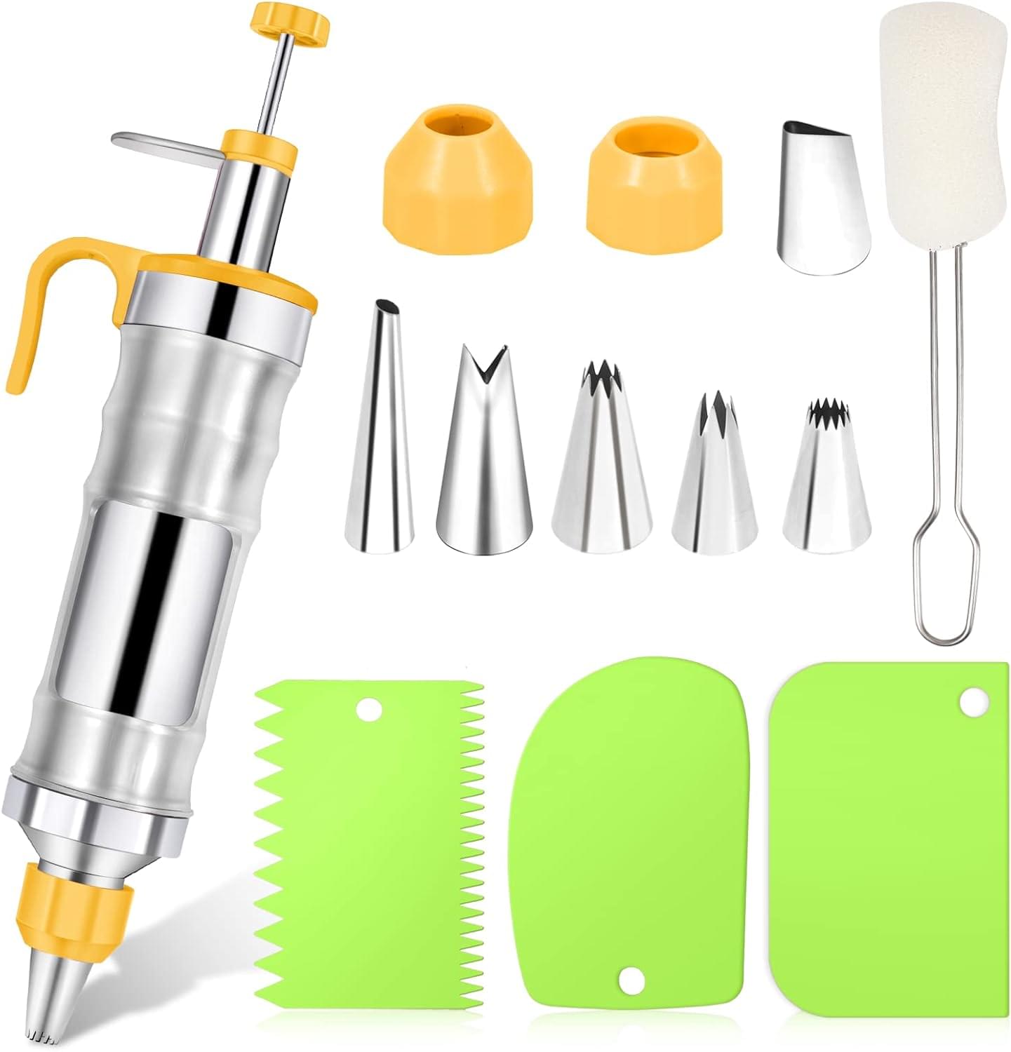 Set seringa de ornat profesionala din otel inoxidabil 304 onuvio® – pentru decorare torturi, prajituri si briose, 6 duze + 2 cuplaje, 3 spatule/raclete, perie curatare - galben