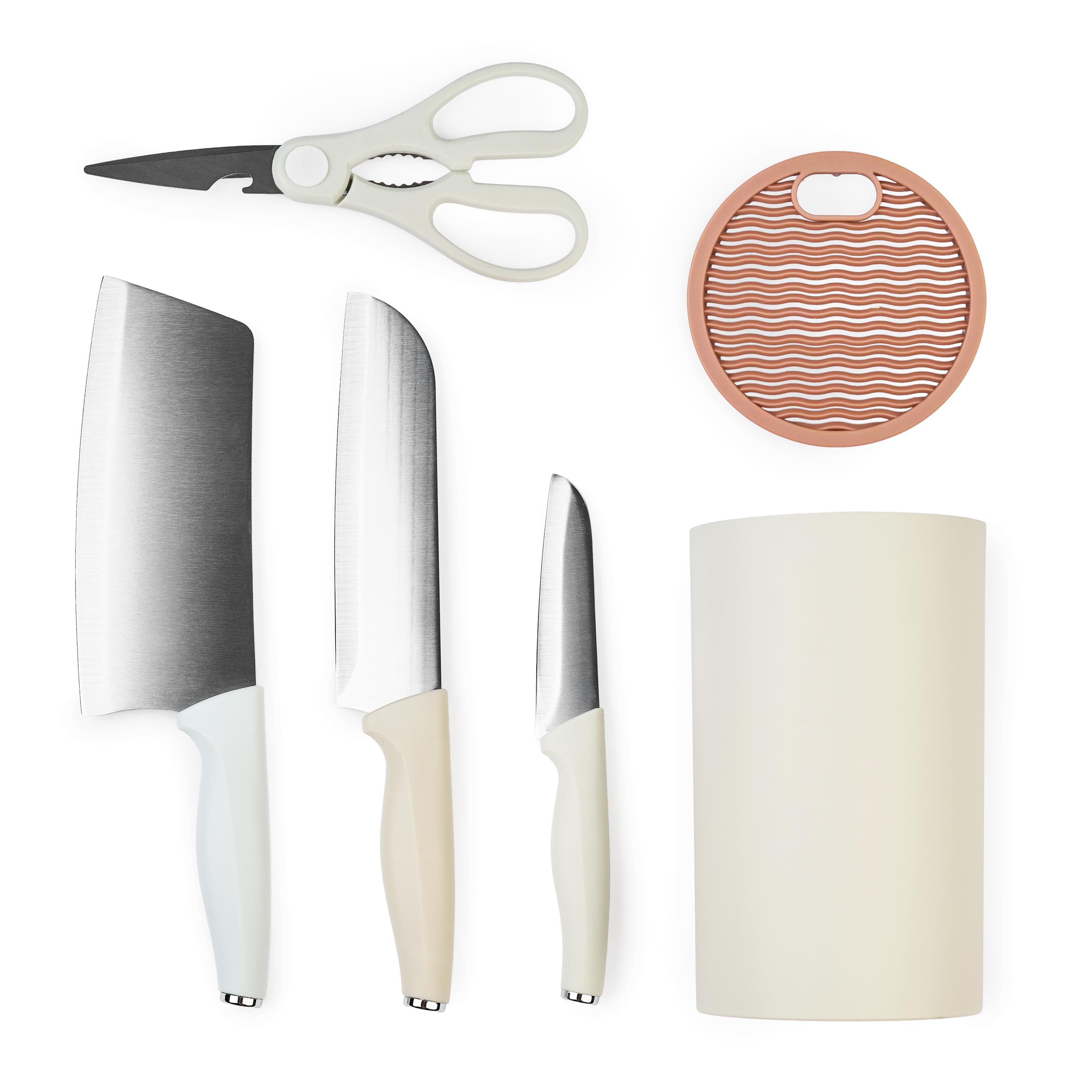 Set de cutite pentru bucatarie Onuvio®, 5 piese pentru  folosire zilnica, Foarfeca, Cutit Chef, Cutit decojit, Suport pentru Blat, Alb