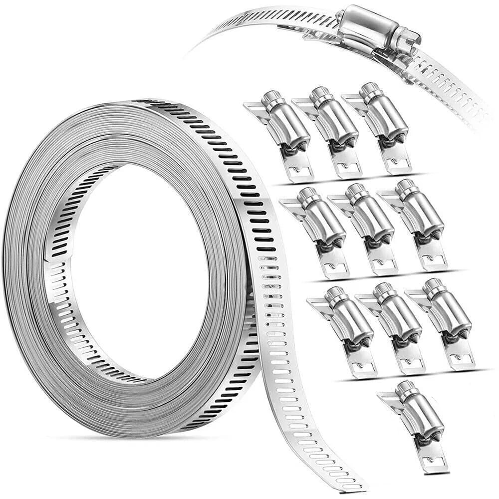 Kit coliere universale 5 metri,  inox 304 – banda perforata 12.5 mm, grosime 0.6 mm, 10 cleme cap ajustabile, coliere la orice diametru, auto/hvac/irigatii, mediu marin – onuvio