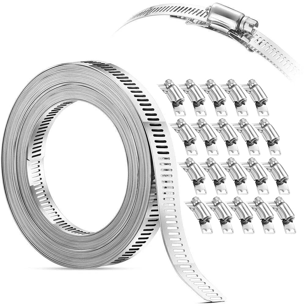 Kit coliere universale 10 metri,  inox 304 – banda perforata 12.5 mm, grosime 0.6 mm, 20 cleme cap ajustabile, coliere la orice diametru, auto/HVAC/irigatii – Onuvio