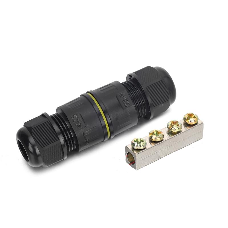 Conector impermeabil IP68 in linie 60A, cu bara de cupru – pentru conductoare 2.5–6 mm2, presetupe M25 diametru cablu 3–6.5 mm, circuite de putere exterior – Onuvio