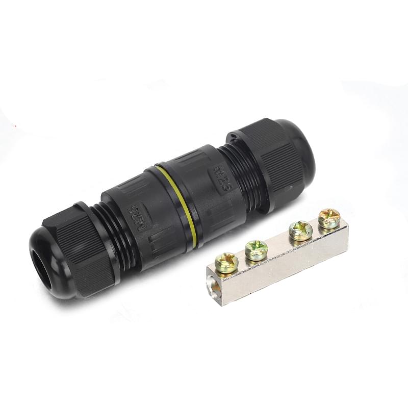 Conector impermeabil IP68 in linie 80A, cu bara de cupru – pentru conductoare 6–16 mm2, presetupe M25 diametru cablu 5-8 mm, circuite de putere exterior – Onuvio