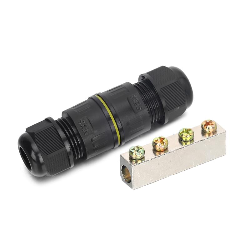 Conector impermeabil IP68 in linie 120A, cu bara de cupru – pentru conductoare 10–35 mm2, presetupe M25 diametru cablu 7–12 mm, circuite de putere exterior – Onuvio