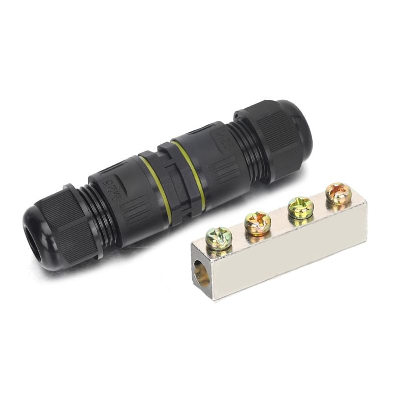 Conector impermeabil IP68 in linie 220A, cu bara de cupru – pentru conductoare 25–50 mm2, presetupe M25 diametru cablu 7–12 mm, circuite de putere exterior – Onuvio