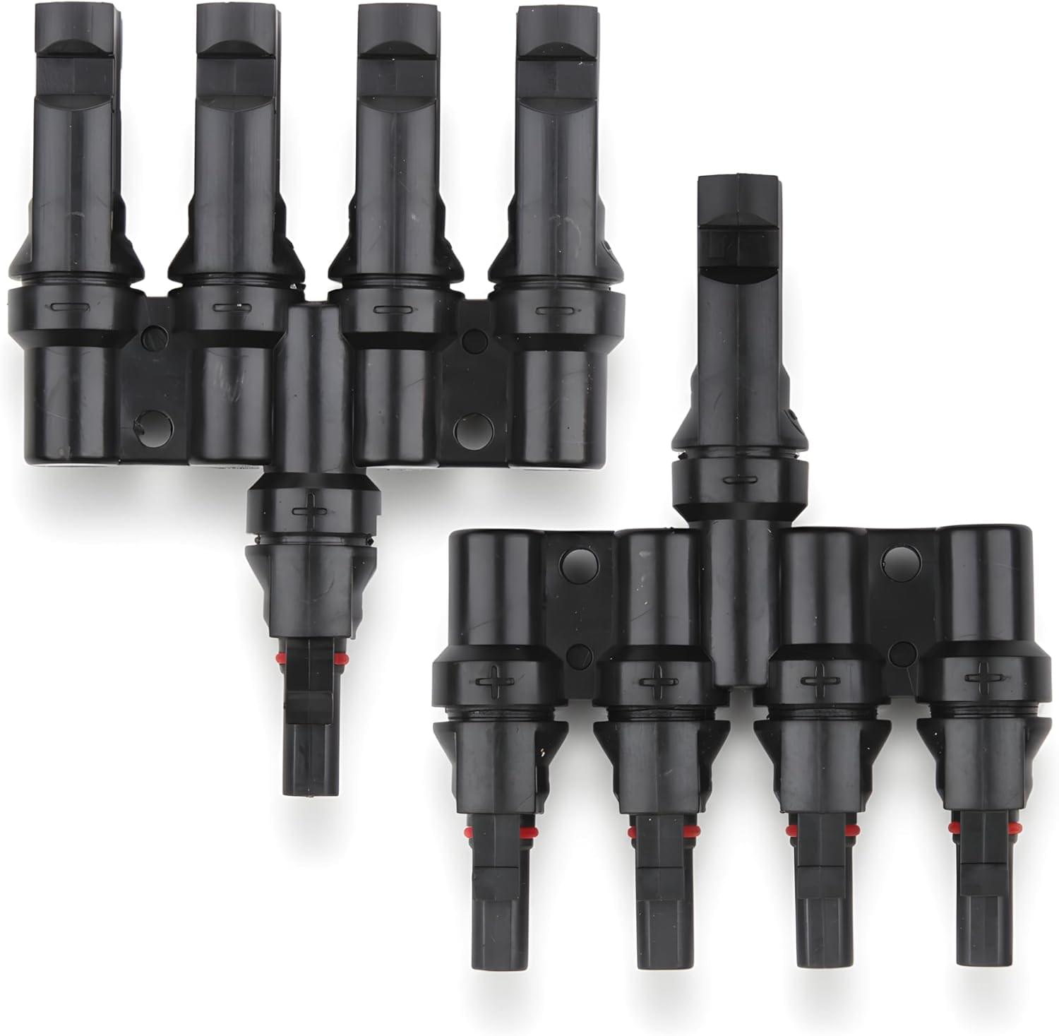 Splitter conector solar MC4 tip T 1 la 4 – pereche M→FFFF + F→MMMM, 1500V DC 50A, IP68, material PPO, rezistent UV, pentru cabluri 2.5 mm2, 4 mm2, 6 mm2 – Onuvio®