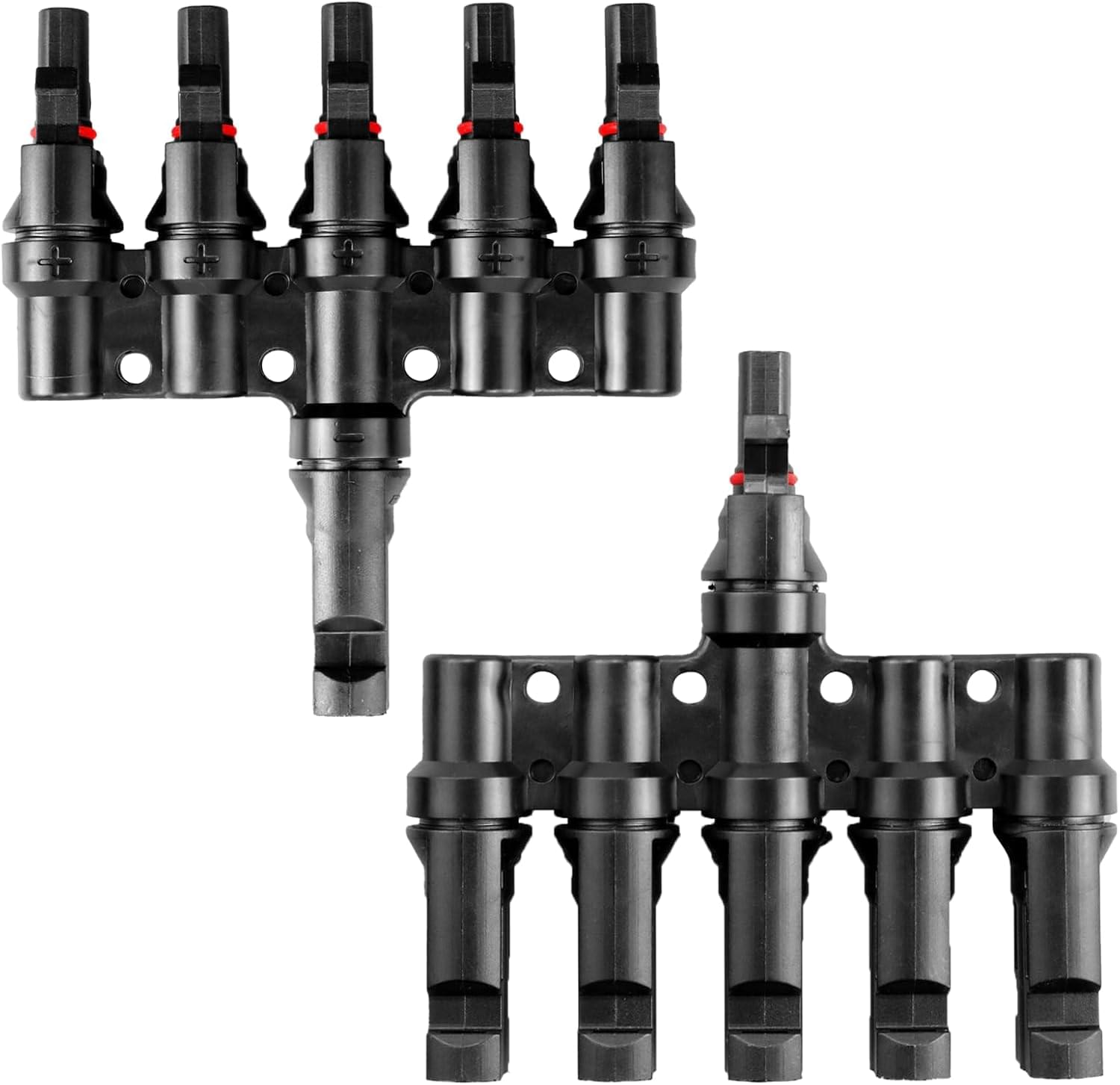 Splitter conector solar MC4 tip T 1 la 5 – pereche M→FFFFF + F→MMMMM, 1500V DC 50A, IP68, material PPO, rezistent UV, pentru cabluri 2.5 mm2, 4 mm2, 6 mm2 – Onuvio®