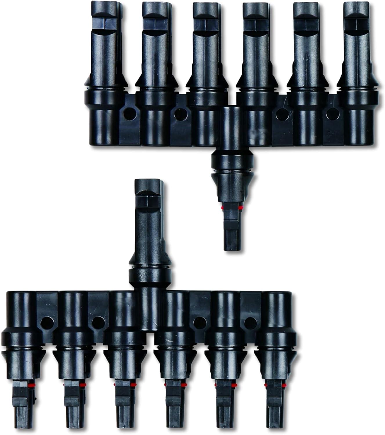 Splitter conector solar MC4 tip T 1 la 6 – pereche M→FFFFFF + F→MMMMMM, 1500V DC 50A, IP68, material PPO, rezistent UV, pentru cabluri 2.5 mm2, 4 mm2, 6 mm2 – Onuvio®