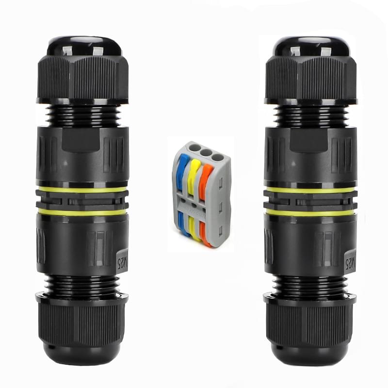 Set 2 buc, Conector in linie impermeabil IP68, exterior, M25, 3 poli, sectiune cablu 0.5-2.5 mm2, diametru cablu 5-8 mm, conector rapid - Onuvio®