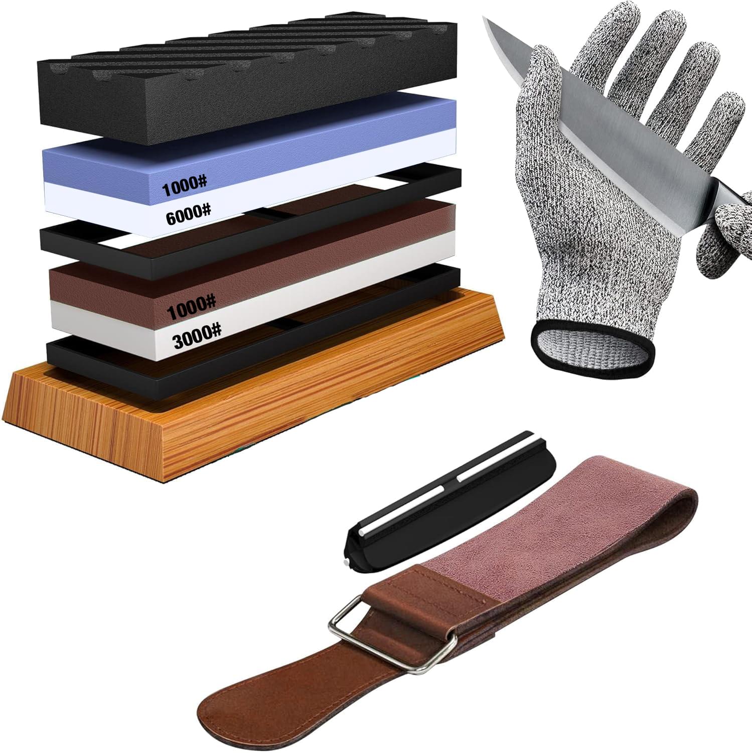 Set profesional ascutit cutite onuvio®, sistem complet 9 piese, pietre apa whetstone 1000/3000 & 6000, ghidaj unghi, baza bambus, curea piele si manusa protectie