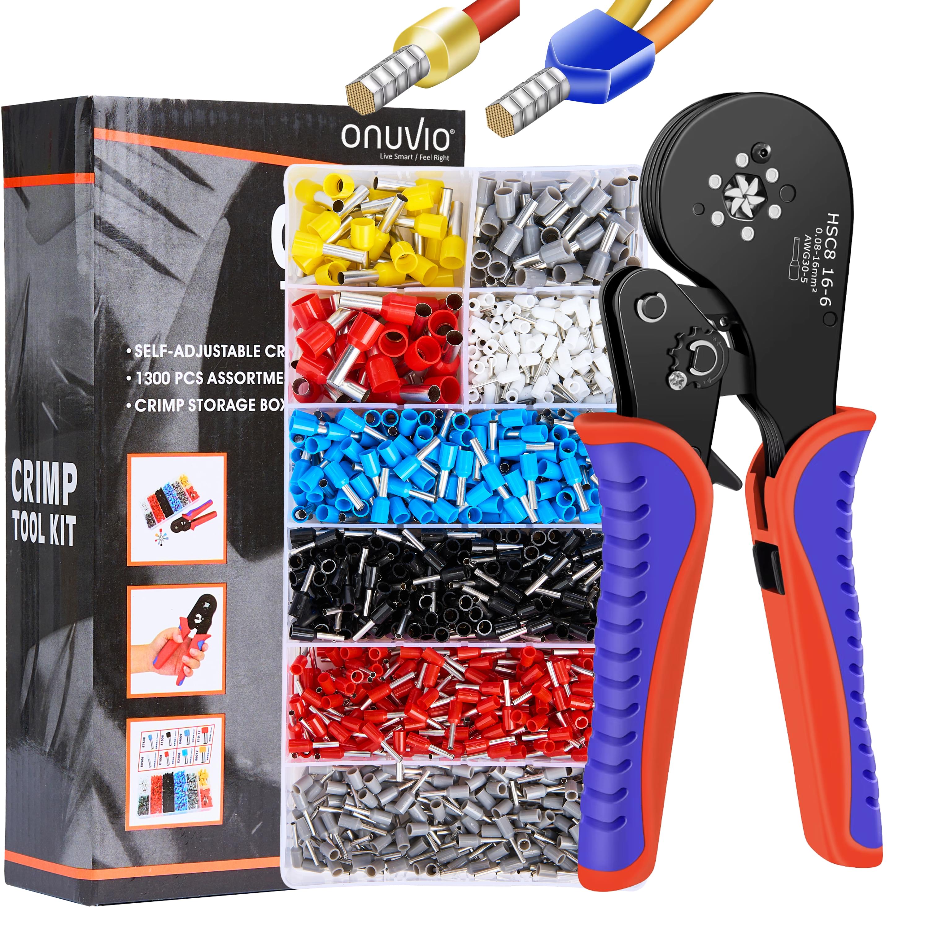 Set sertizare cabluri onuvio®, cleste profesional hexagonal hsc8 16-6, 0.08–16mm2, autoreglabil, + 1900 pini terminali (ferule) 