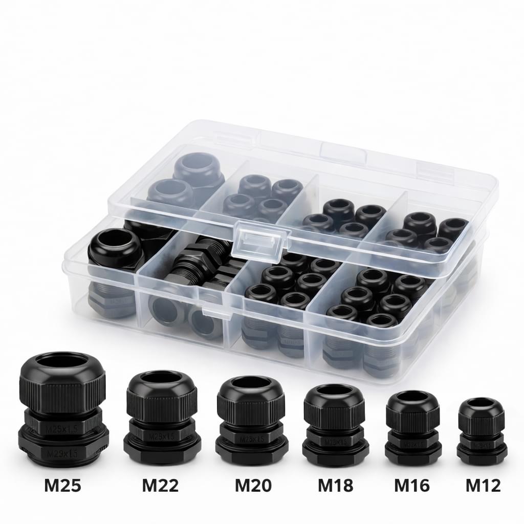 Set 50 Presetupe Cabluri Onuvio®, M12-M25, IP68, Filet Metric, Etansare Waterproof, Plastic Nylon, Cutie Organizare, Negru