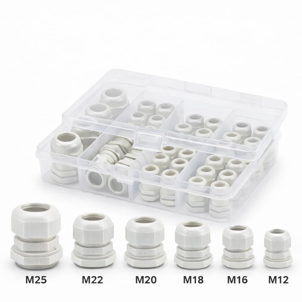Set 50 Presetupe Cabluri Onuvio®, M12-M25, IP68, Filet Metric, Etansare Waterproof, Plastic Nylon, Cutie Organizare, Alb