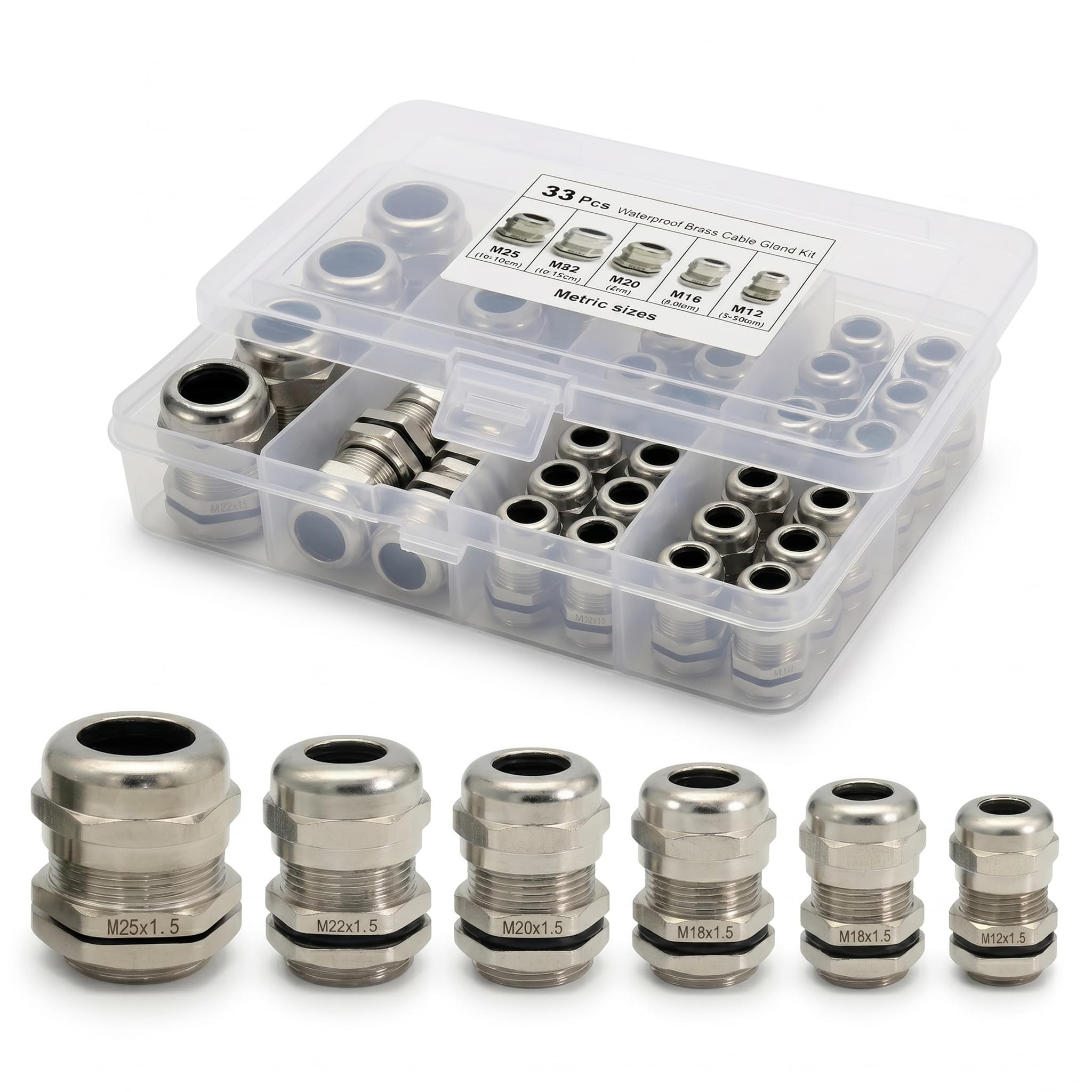 Set 33 Presetupe Metalice din Alama Onuvio®, M12-M25, IP68, Heavy Duty, Filet Metric, Etansare Profesionala, Cutie Organizare