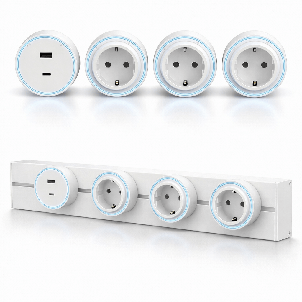 Sina modulara prize Onuvio® 50cm, 8000W, 4 adaptoare (3x priza EU cu impamantare + 1x USB + Type-C), montaj perete/blat, sistem premium birou/bucatarie, Alb