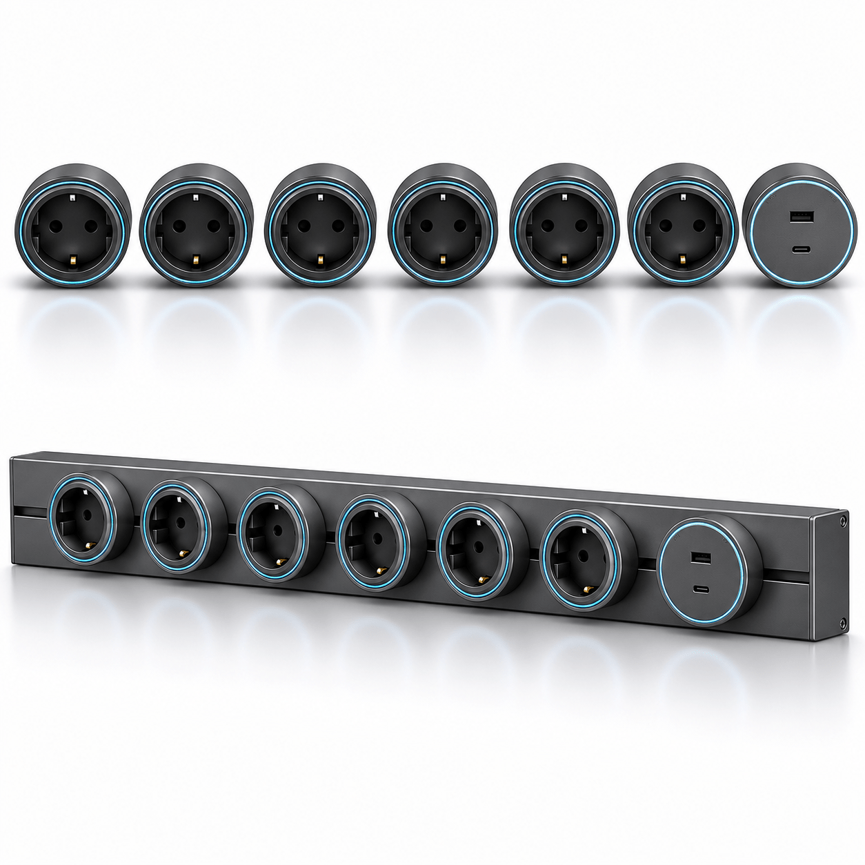 Sina modulara prize Onuvio® 100cm, 8000W, 7 adaptoare (6x priza EU cu impamantare + 1x USB + Type-C), montaj perete/blat, sistem premium birou/bucatarie, Gri