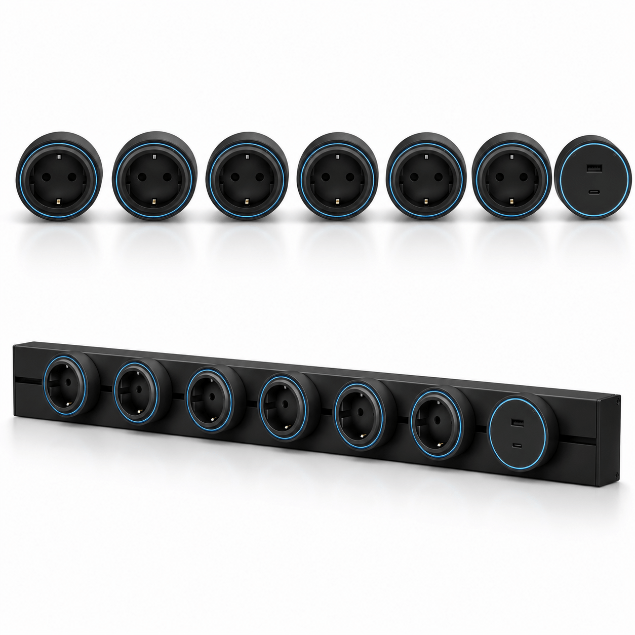 Sina modulara prize Onuvio® 100cm, 8000W, 7 adaptoare (6x priza EU cu impamantare + 1x USB + Type-C), montaj perete/blat, sistem premium birou/bucatarie, Negru