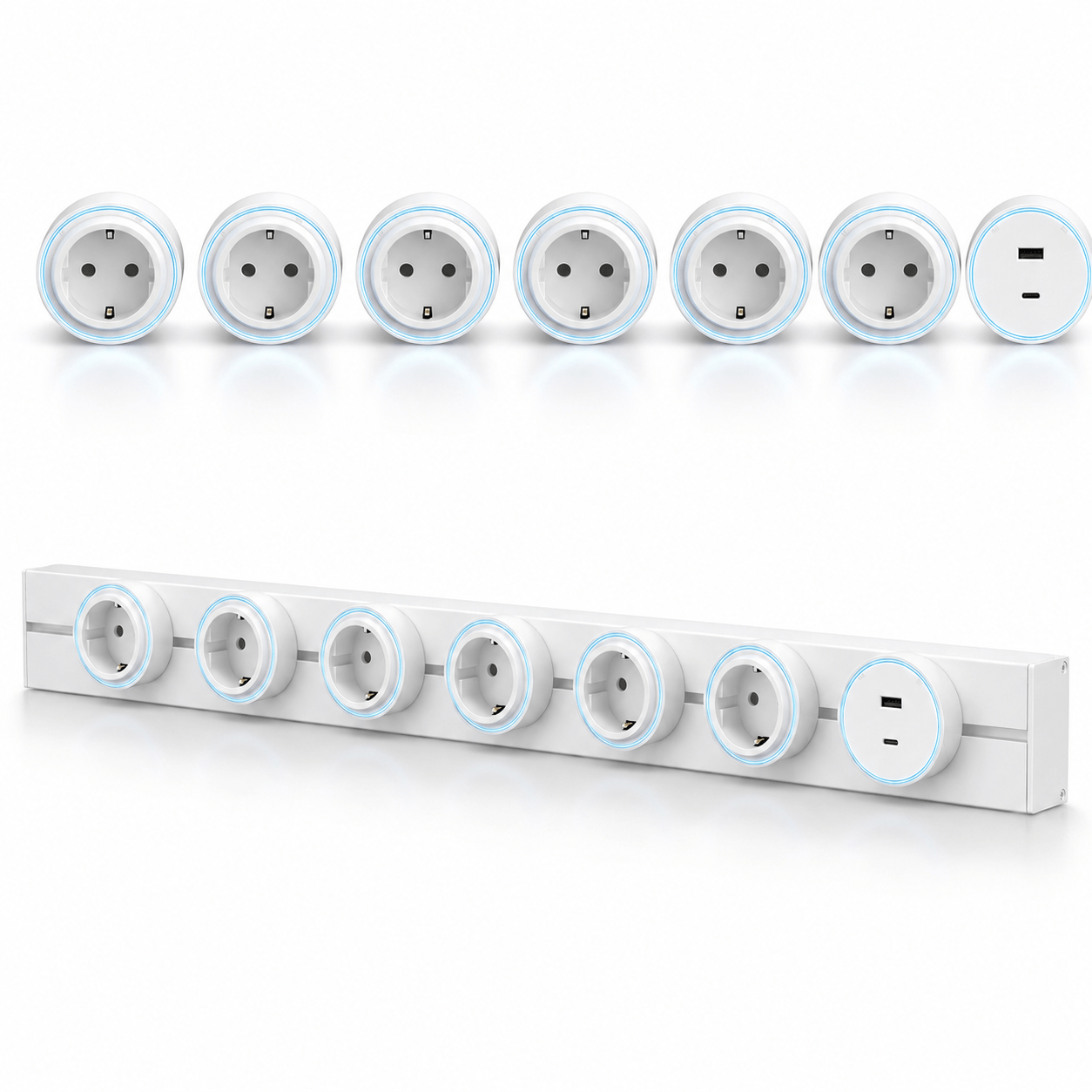 Sina modulara prize Onuvio® 100cm, 8000W, 7 adaptoare (6x priza EU cu impamantare + 1x USB + Type-C), montaj perete/blat, sistem premium birou/bucatarie, Alb
