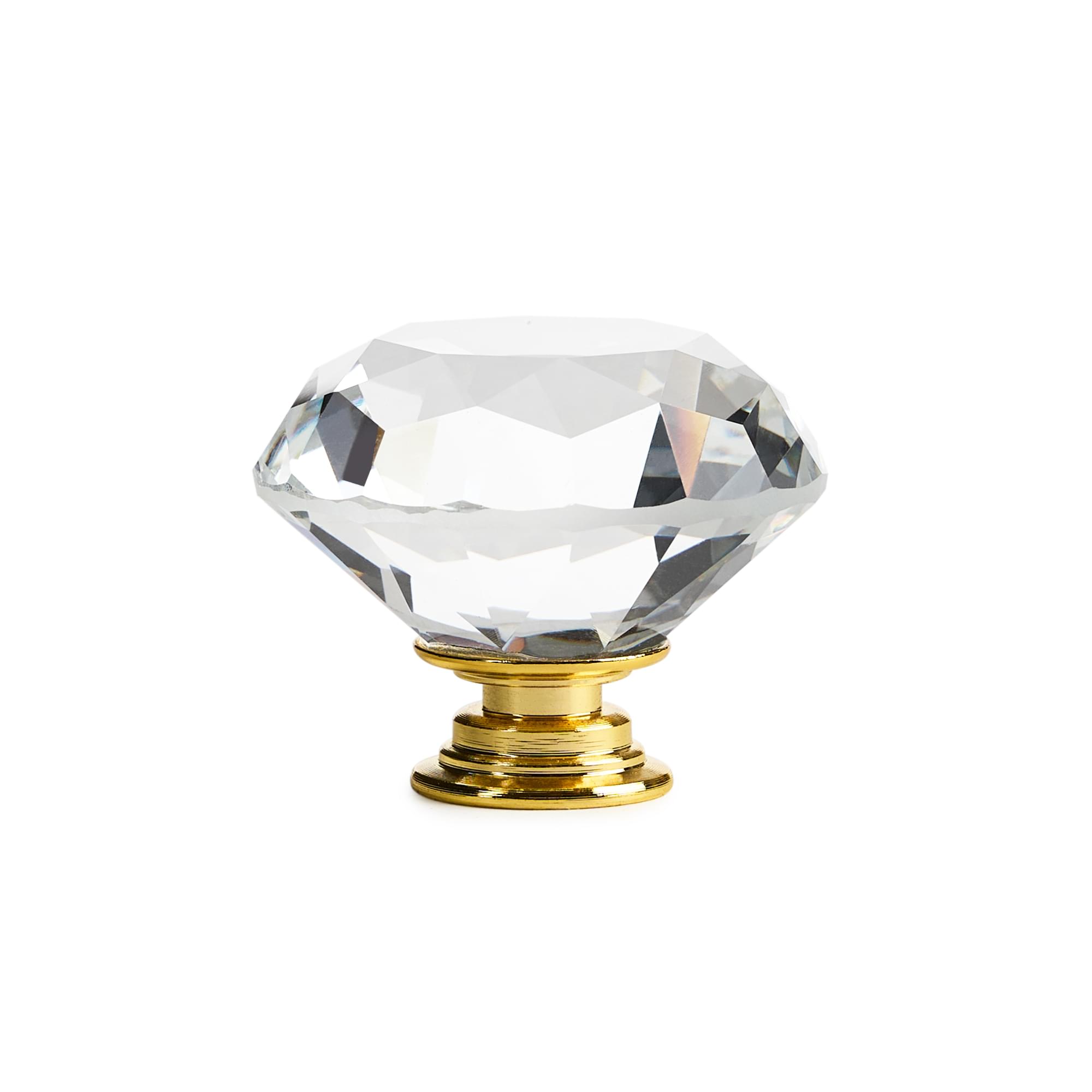 Buton maner mobilier onuvio™, forma diamant, diamond cut luxury, cristal k9, diametru 40mm, baza aliaj zinc aluminiu - auriu / transparent