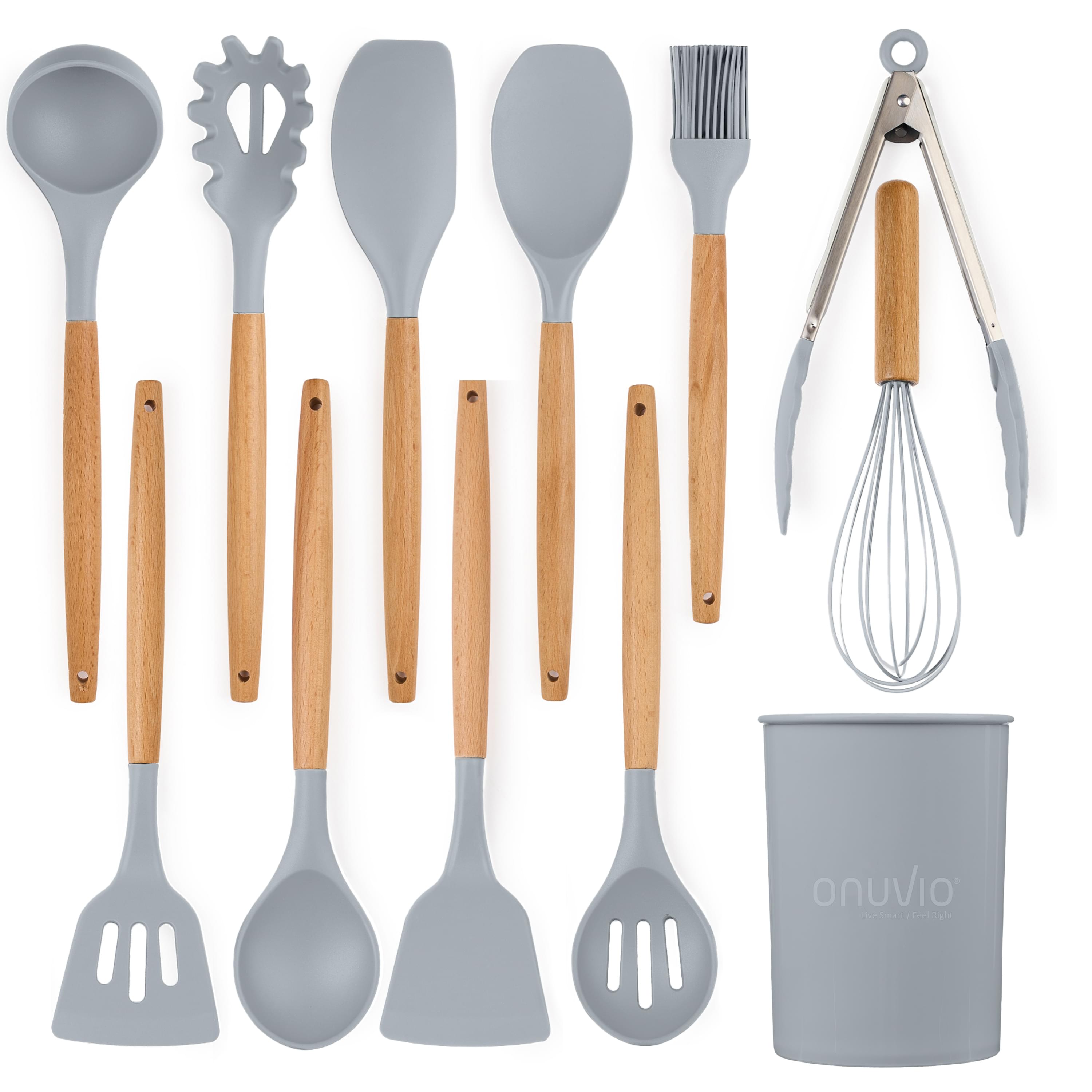 Set ustensile bucatarie 12 piese marime mare xl 1050g, lemn si silicon alimentar, termorezistente, antiaderente, suport blat,  onuvio™ daria - gri deschis