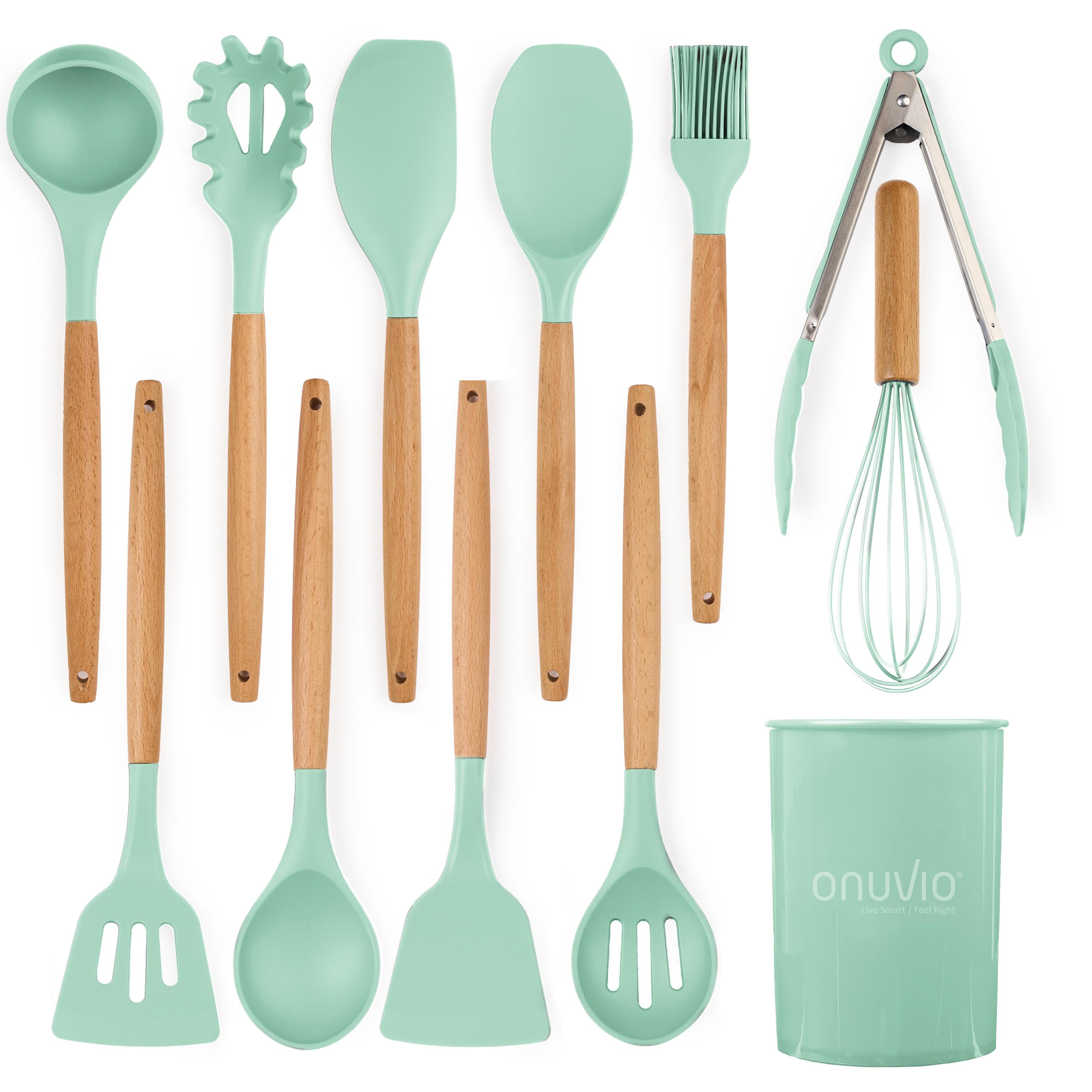 Set ustensile bucatarie 12 piese lemn si silicon alimentar, termorezistente, antiaderente, suport blat,  onuvio™ daria - verde menta