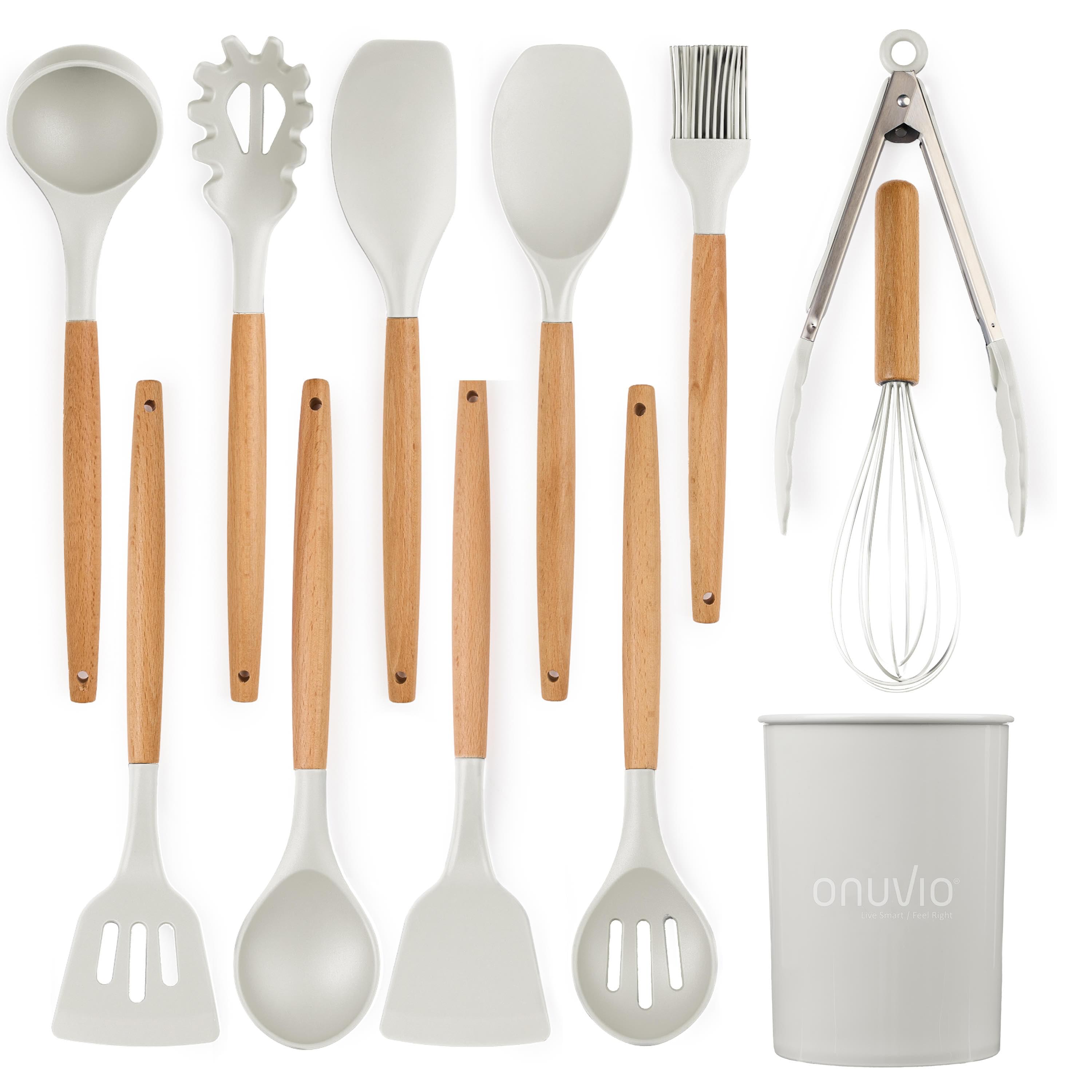 Set ustensile bucatarie 12 piese lemn si silicon alimentar, termorezistente, antiaderente, suport blat,  onuvio™ daria - alb