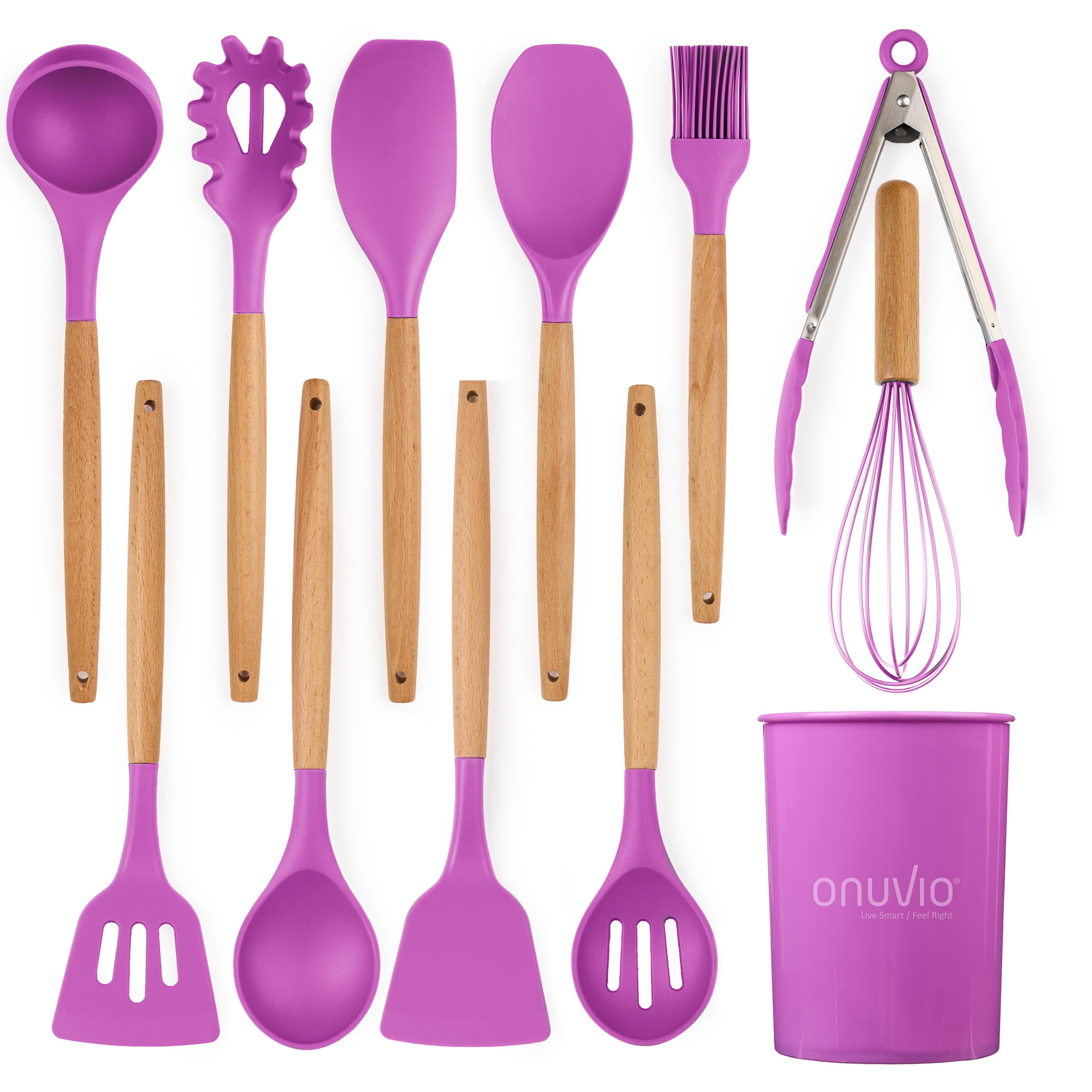 Set ustensile bucatarie 12 piese lemn si silicon alimentar, termorezistente, antiaderente, suport blat,  onuvio™ daria - mov