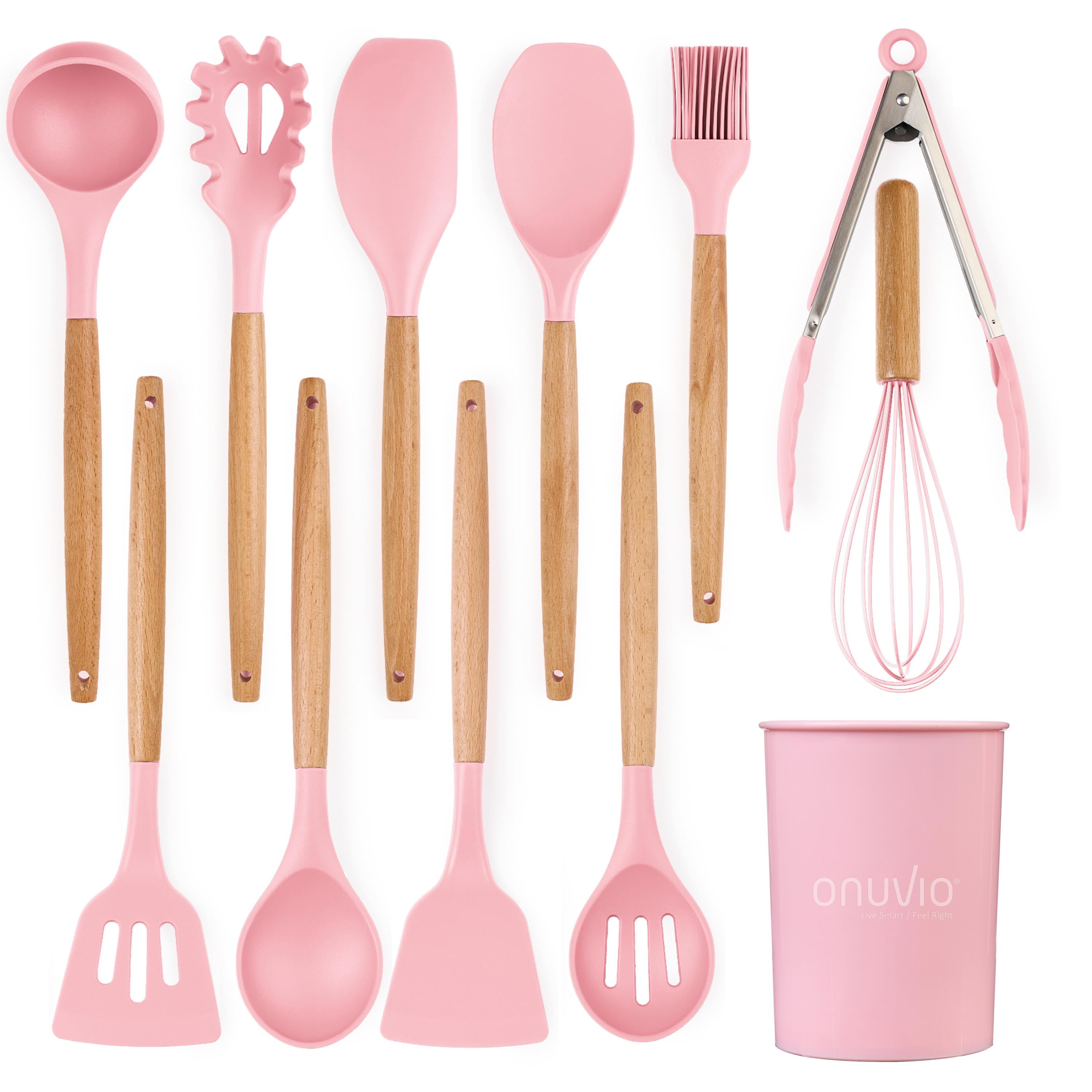 Set ustensile bucatarie 12 piese lemn si silicon alimentar, termorezistente, antiaderente, suport blat,  onuvio™ daria - roz