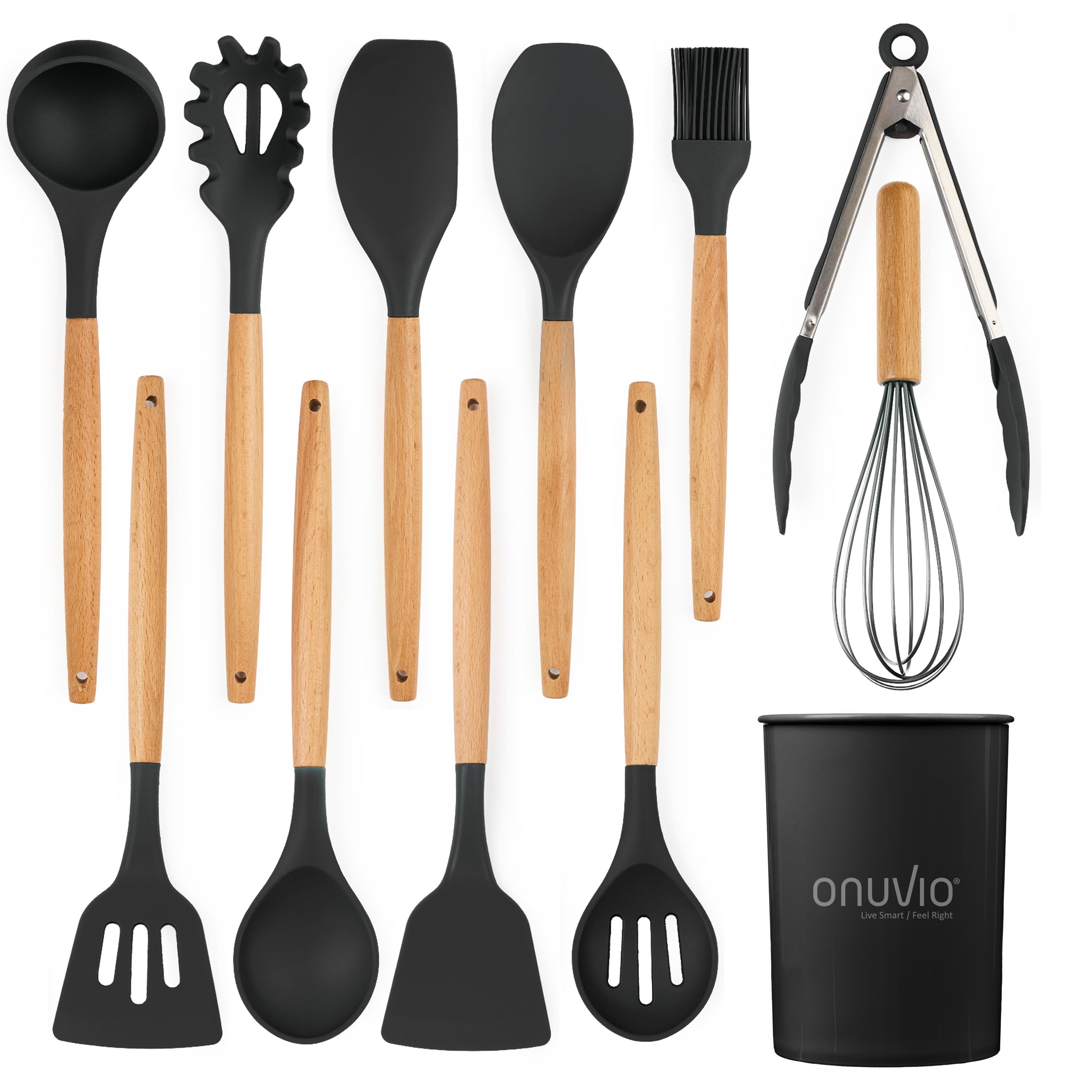 Set ustensile bucatarie 12 piese lemn si silicon alimentar, termorezistente, antiaderente, suport blat,  onuvio™ daria - negru