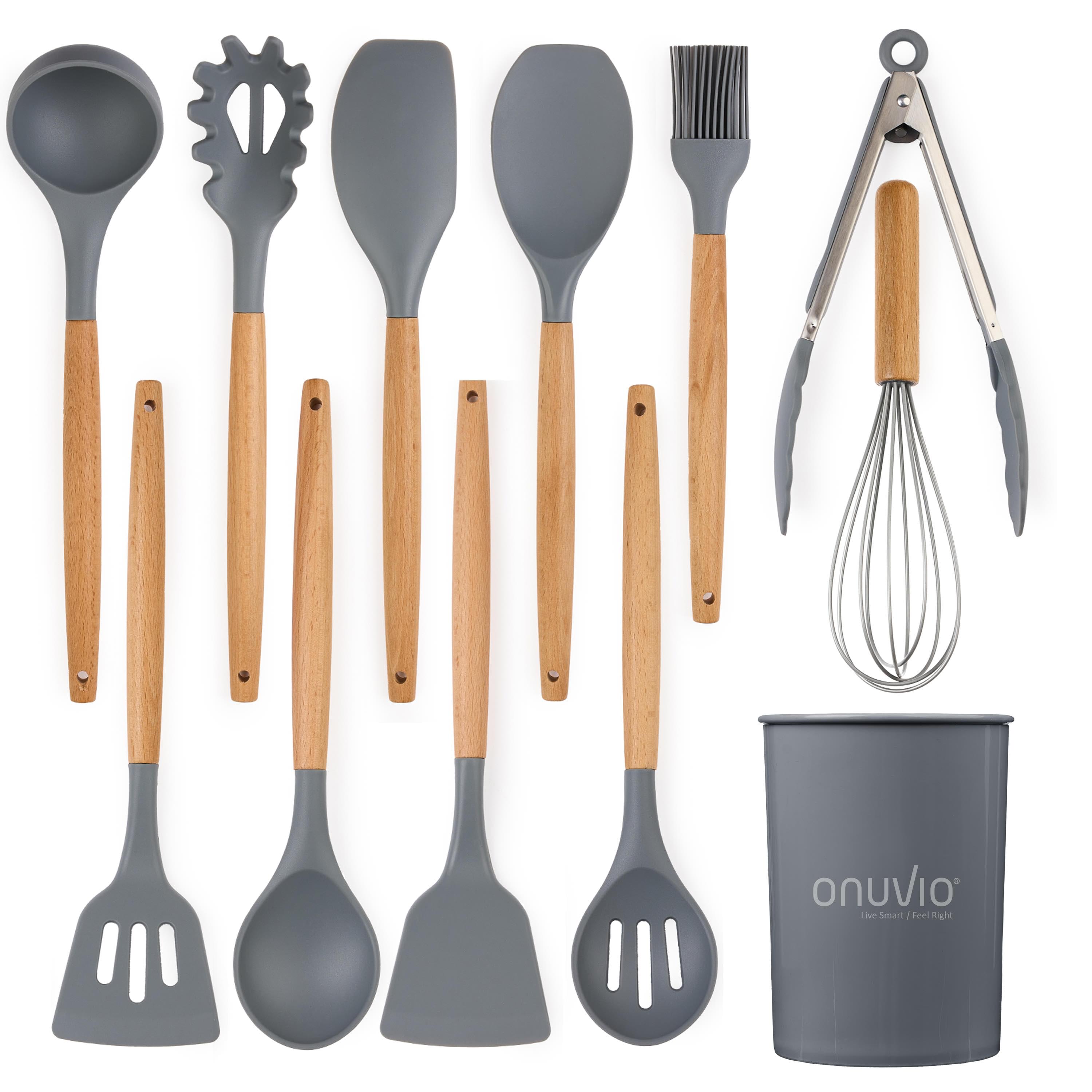 Set ustensile bucatarie 12 piese lemn si silicon alimentar, termorezistente, antiaderente, suport blat,  onuvio™ daria - gri