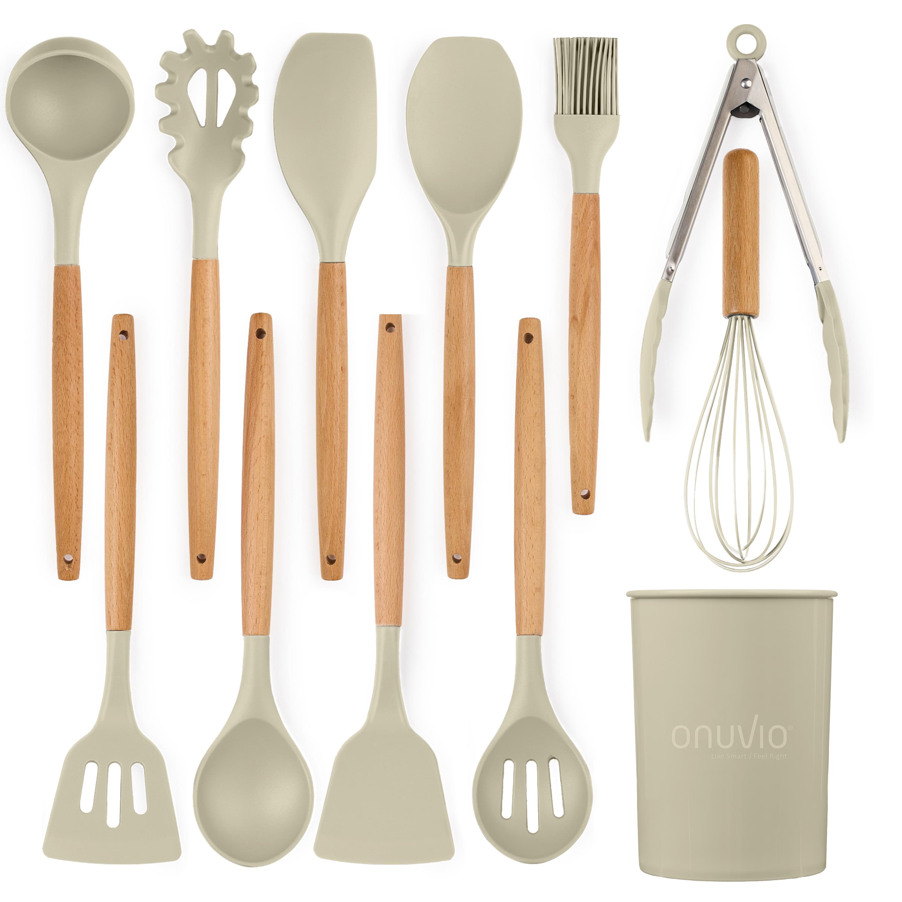 Set ustensile bucatarie 12 piese marime mare xl 1050g, lemn si silicon alimentar, termorezistente, antiaderente, suport blat,  onuvio™ daria - kakhi