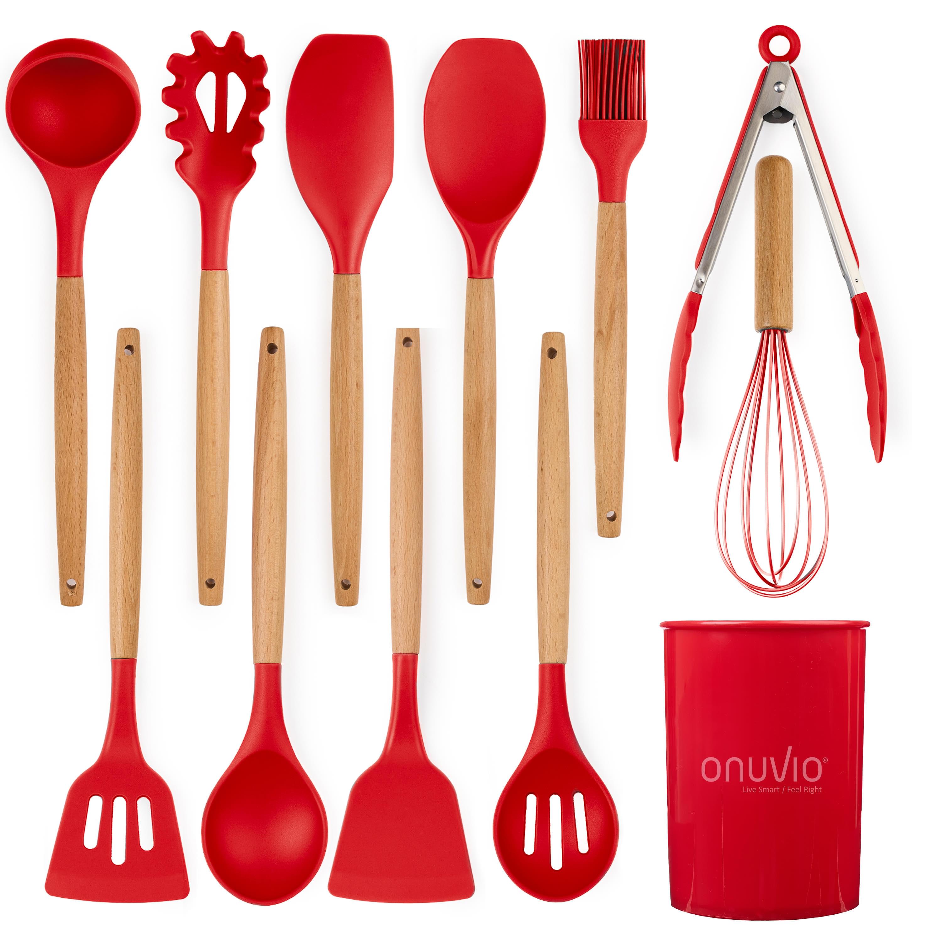 Set ustensile bucatarie 12 piese lemn si silicon alimentar, termorezistente, antiaderente, suport blat,  onuvio™ daria - rosu