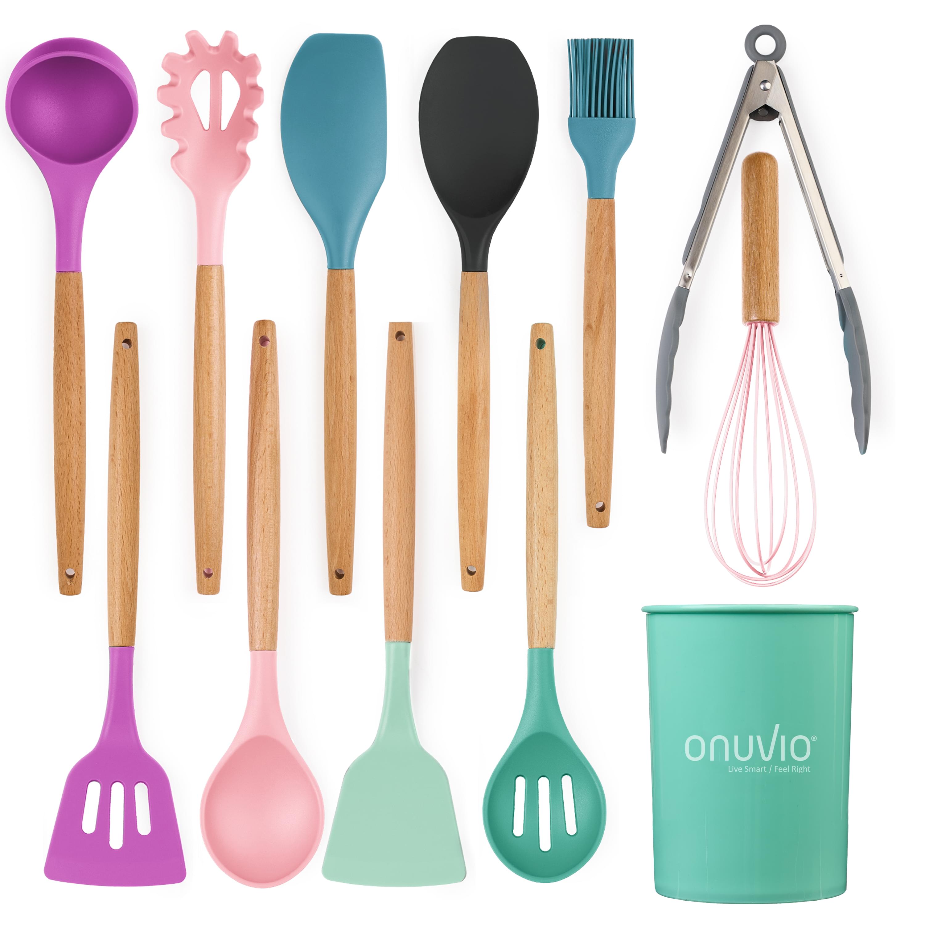 Set ustensile bucatarie 12 piese lemn si silicon alimentar, termorezistente, antiaderente, suport blat,  onuvio™ daria - multicolor