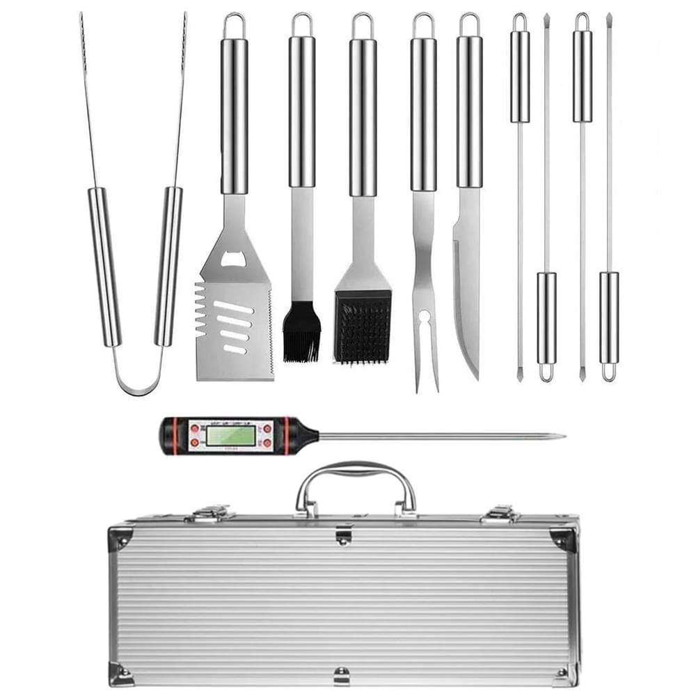 Set Ustensile pentru Gratar Onuvio® 11 Piese Inox, Geanta de Transport si Termometru Digital 