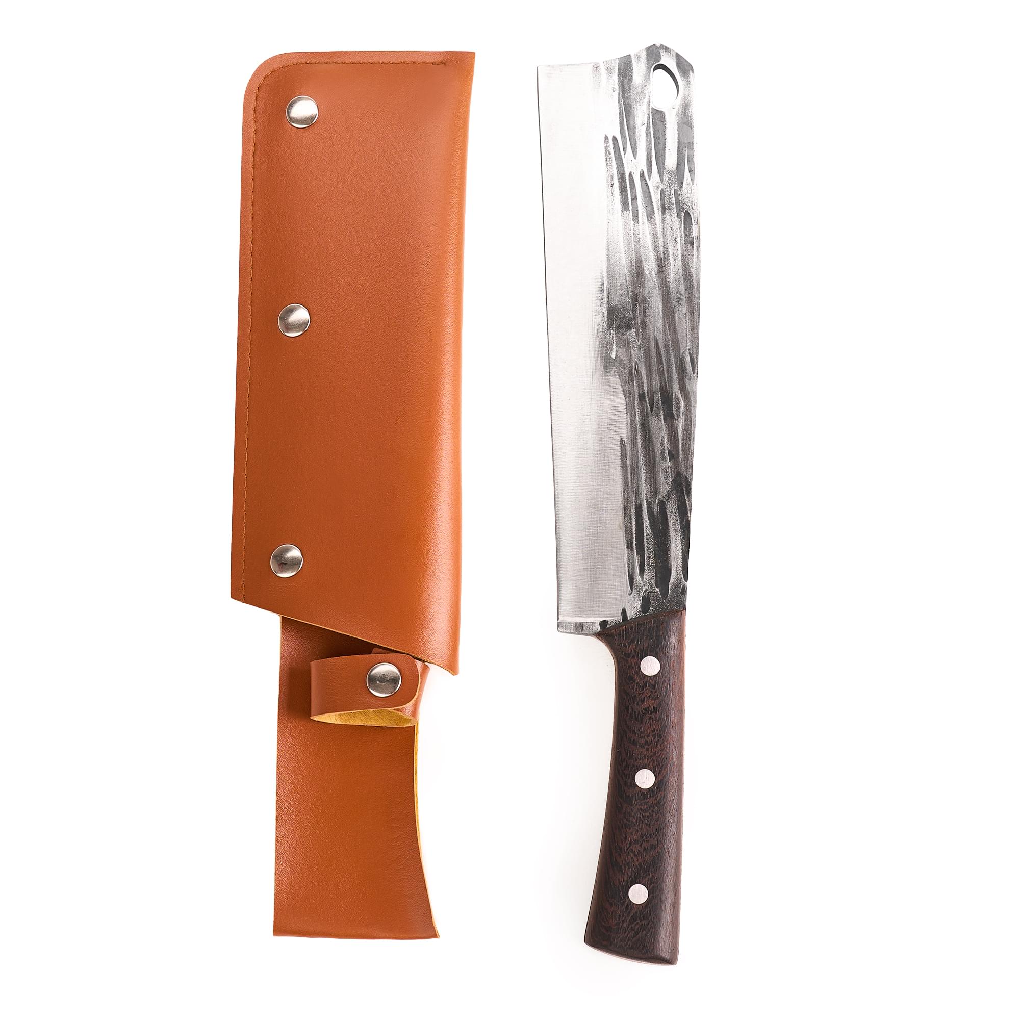 Cutit Profesional tip Satar Outdoor, Onuvio®,  Full Tang, Universal, Pentru Oase, Feliat, Tranșat, Tocat, Otel Carbon, Lama Forjata, 340mm, Husa Inclusa, Maro Inchis