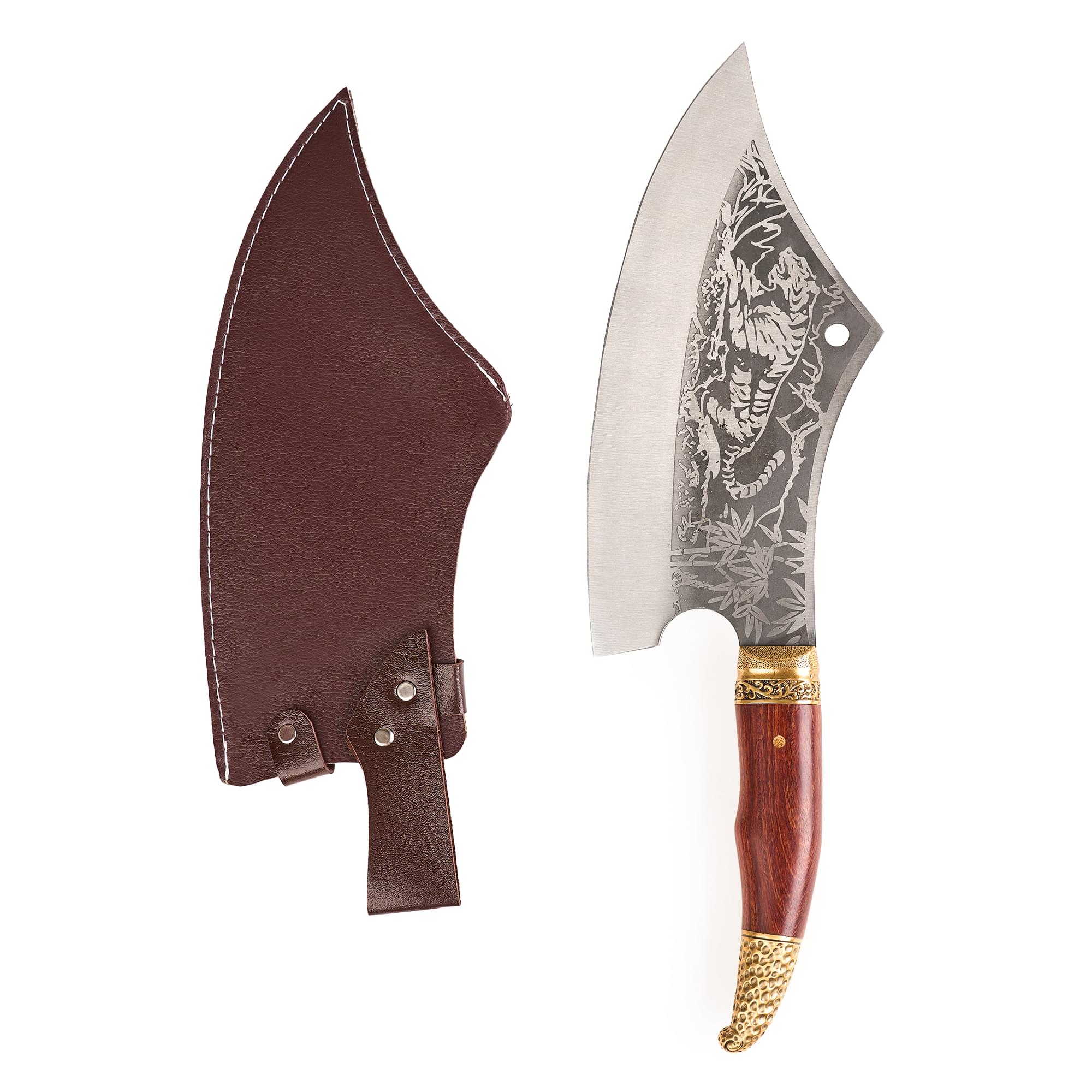 Satar Profesional Tiger Onuvio®,  Full Tang, Universal, Pentru Oase, Feliat, Tranșat, Tocat, Otel Carbon, Lama Forjata, 410mm, Lemn Trandafir, Insertii Alama, Husa Inclusa, Maro 