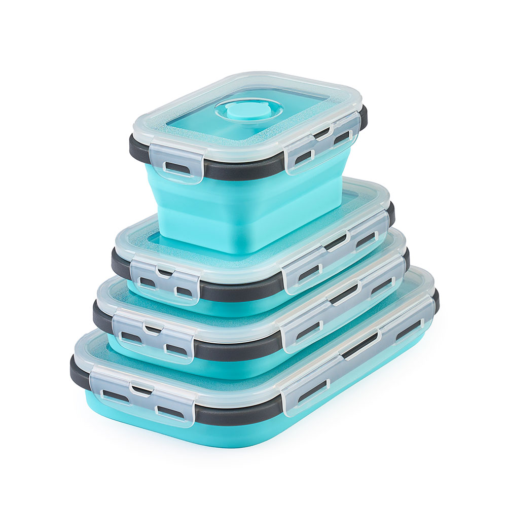 Set 4 caserole pliabile extensibile dreptunghiulare onuvio® din silicon alimentar cu capac - 350 ml, 500 ml, 800 ml, 1200 ml, rezistente de la -40 la 200°c, pentru păstrat, Încălzit și transportat hrana - albastru inchis