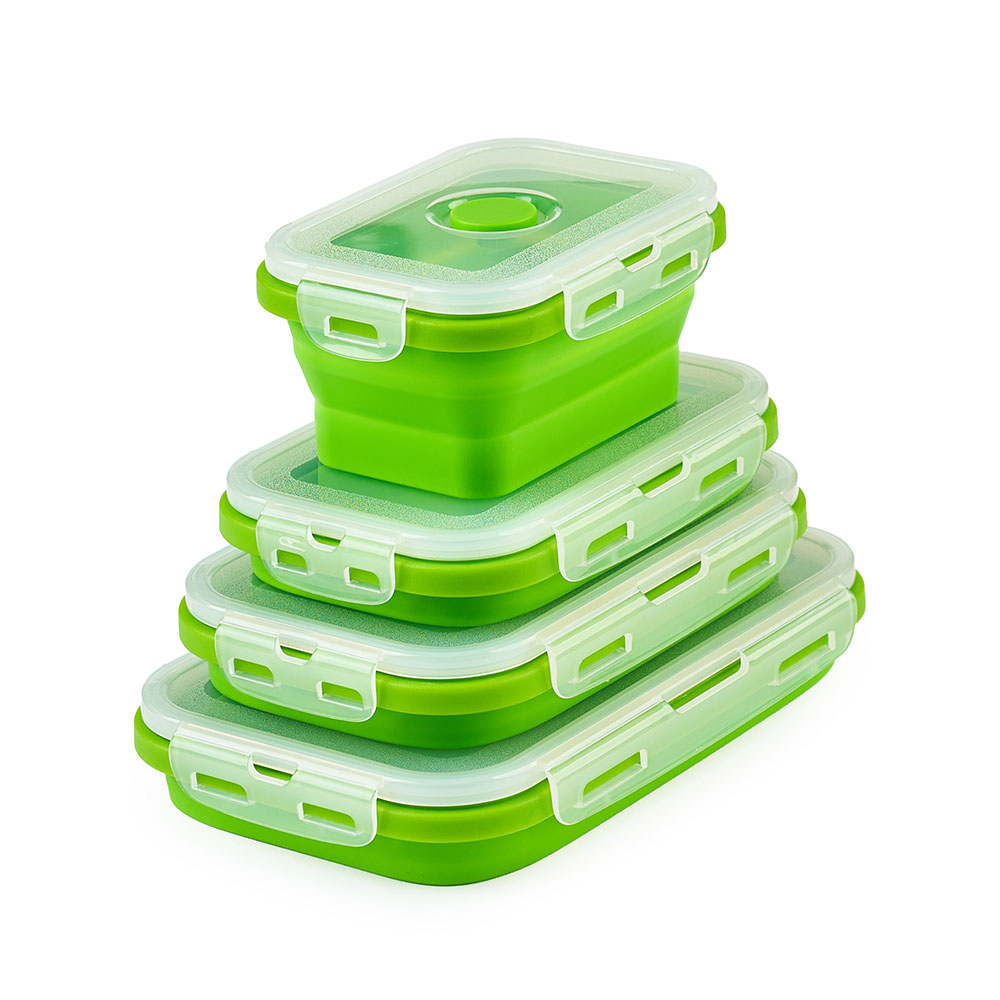 Set 4 caserole pliabile extensibile dreptunghiulare onuvio® din silicon alimentar cu capac - 350 ml, 500 ml, 800 ml, 1200 ml, rezistente de la -40 la 200°c, pentru păstrat, Încălzit și transportat hrana - verde