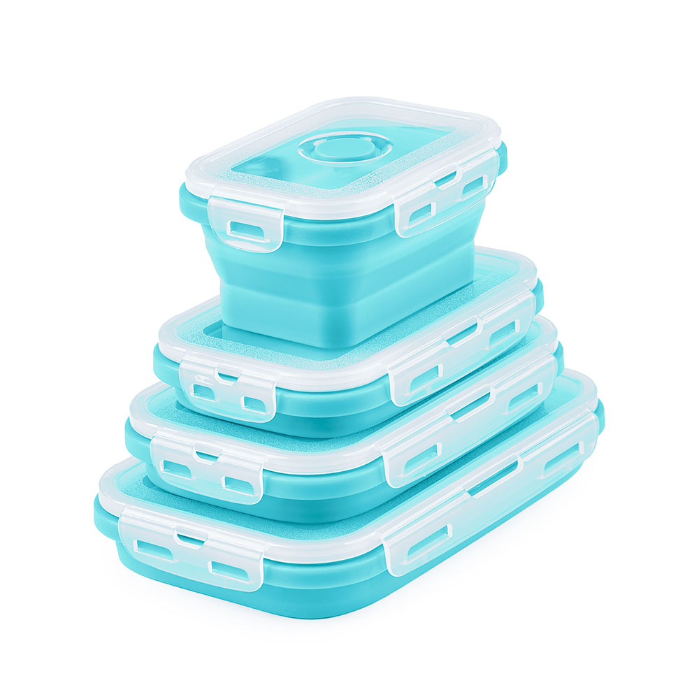 Set 4 caserole pliabile extensibile dreptunghiulare onuvio® din silicon alimentar cu capac - 350 ml, 500 ml, 800 ml, 1200 ml, rezistente de la -40 la 200°c, pentru păstrat, Încălzit și transportat hrana - turcoaz