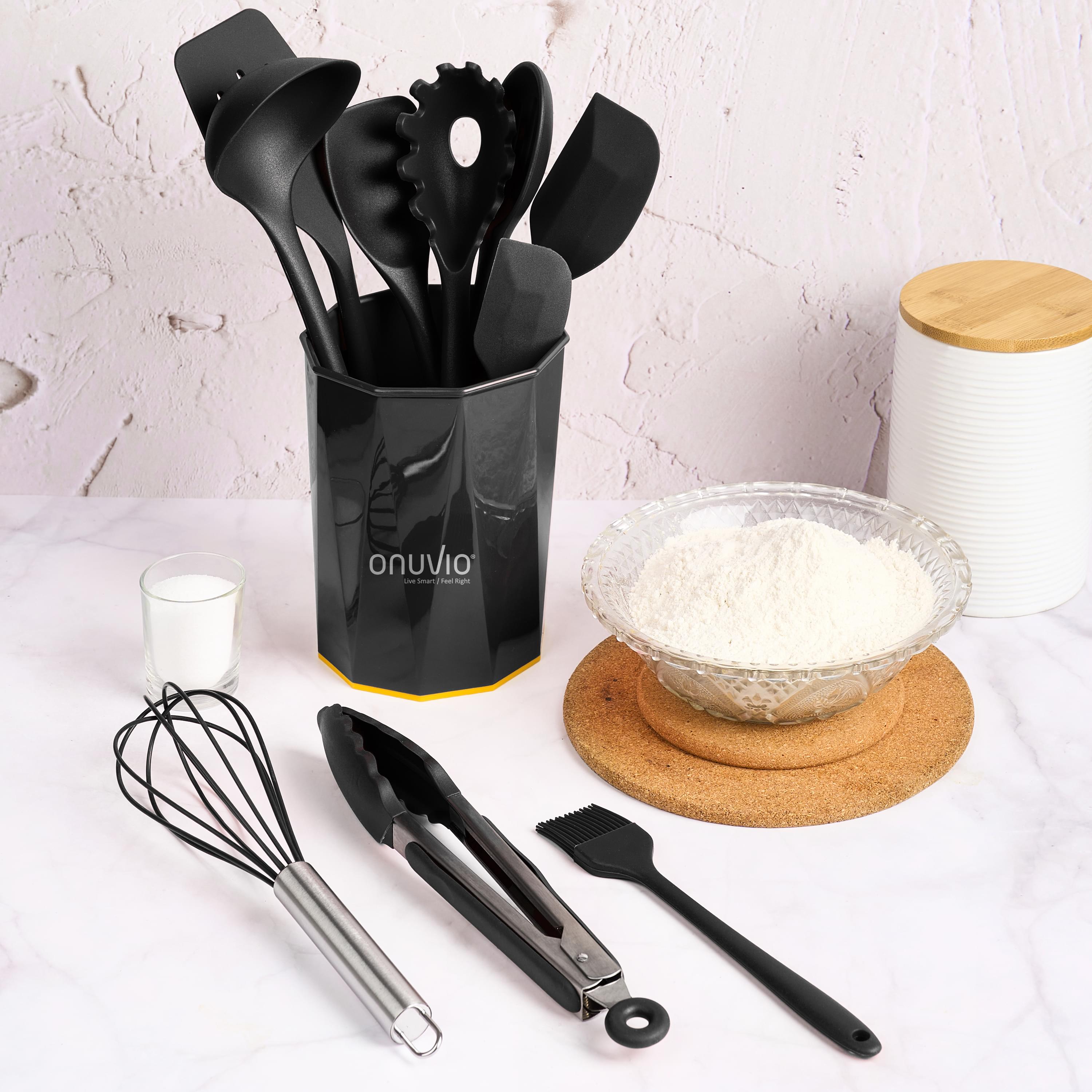 Set ustensile bucatarie 11 piese onuvio®, luxury silicon alimentar, suport blat, antiaderente, termorezistente, certificate institutul bioresurse alimentare - negru