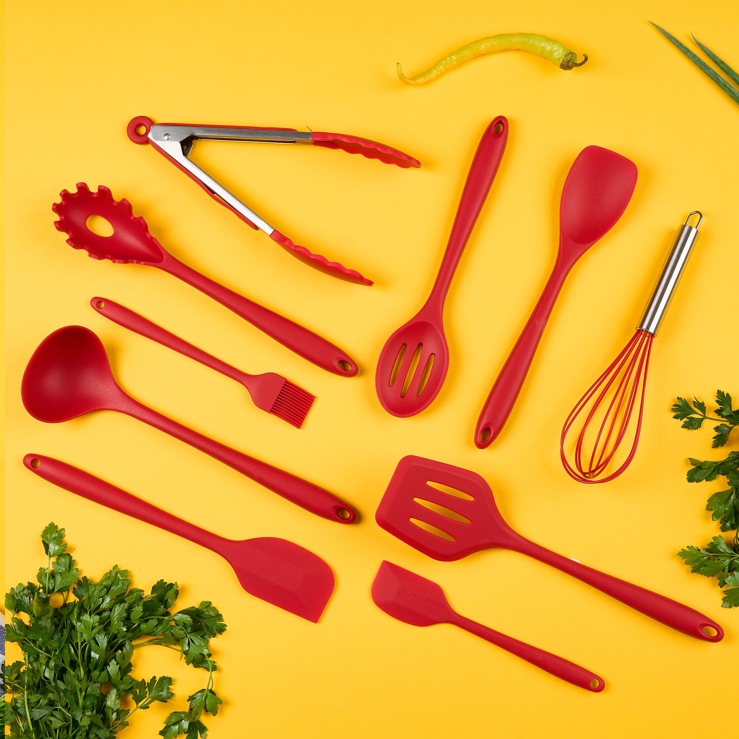 Set ustensile bucatarie 11 piese onuvio®, luxury silicon alimentar, suport blat, antiaderente, termorezistente, certificate institutul bioresurse alimentare - rosu